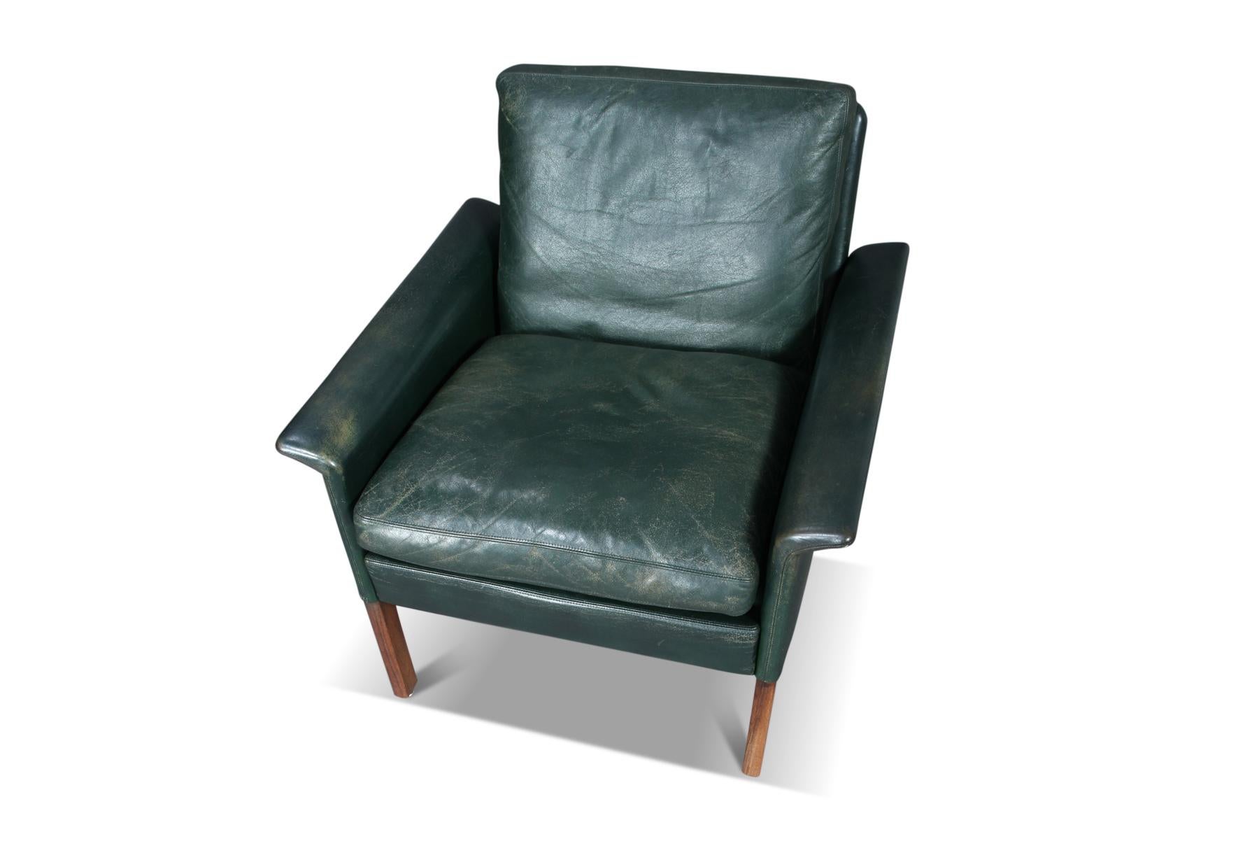 Mid-Century Modern Hans Olsen Lounge Chair in Green Leather + Rosewood