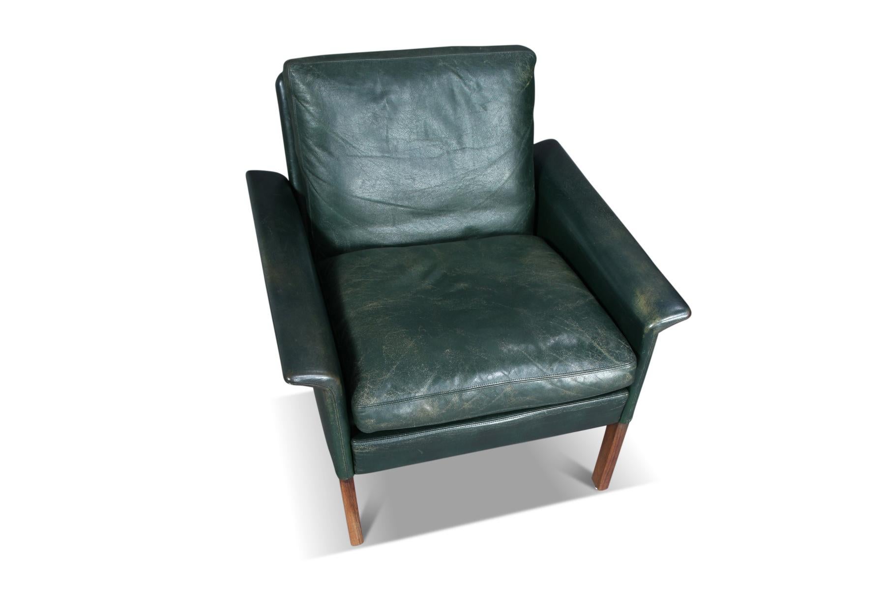 Danish Hans Olsen Lounge Chair in Green Leather + Rosewood