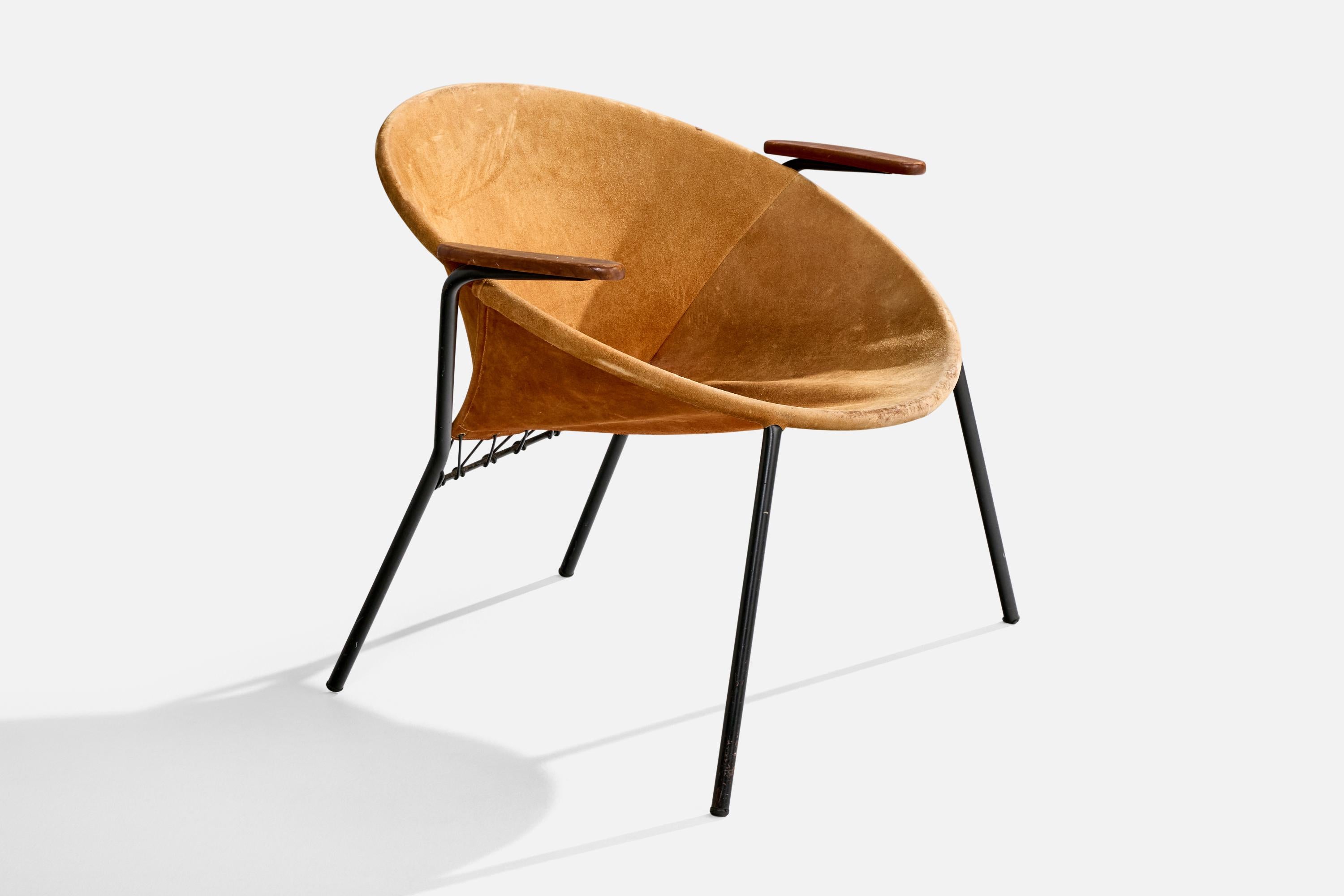 A black-lacquered tubular steel, teak and brown suede lounge chair designed by Hans Olsen and produced by Lea Design, Denmark, c. 1960s.

Overall Dimensions (inches): 26.0