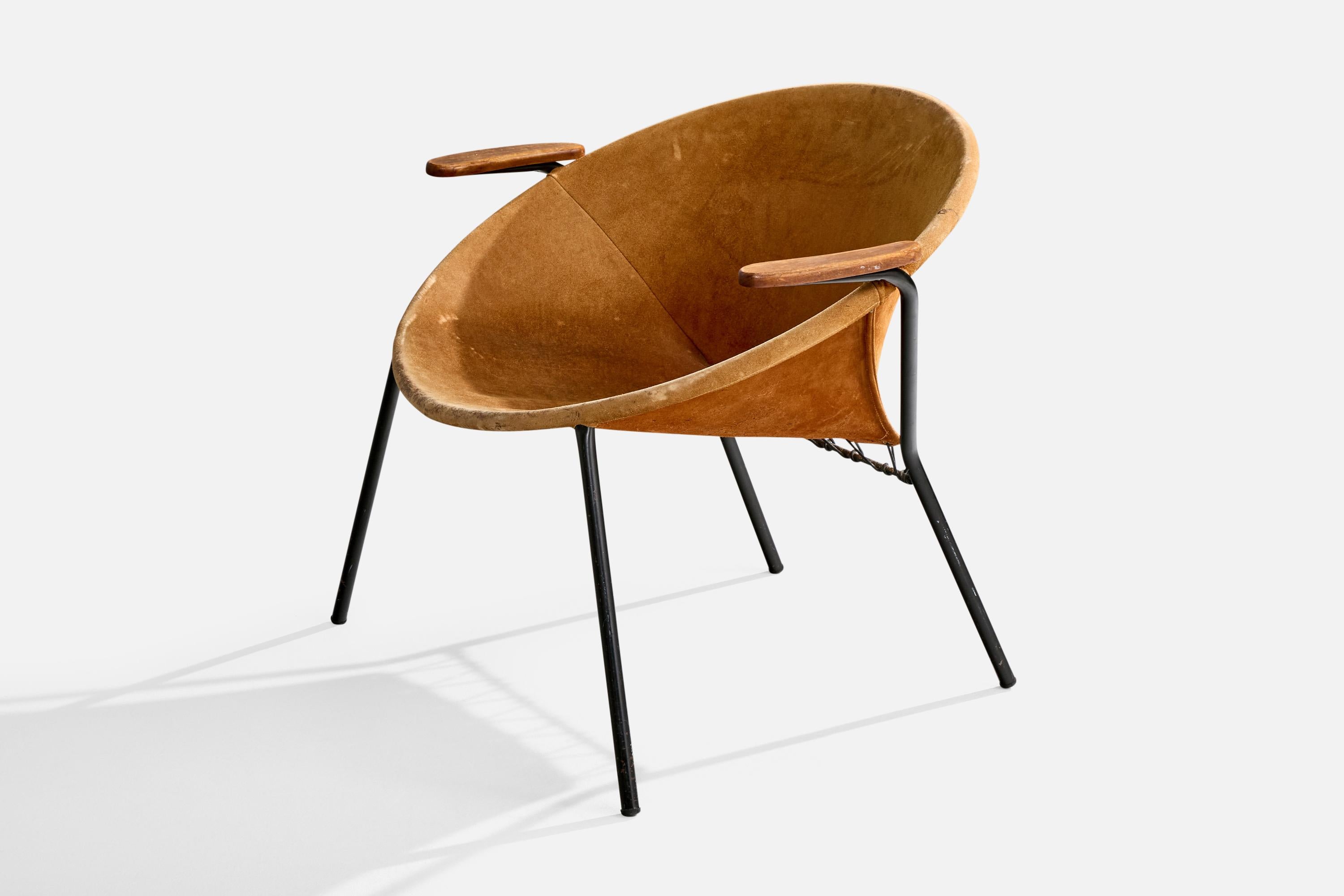Danish Hans Olsen, Lounge Chair, Teak, Steel, Suede, Denmark, 1960s For Sale