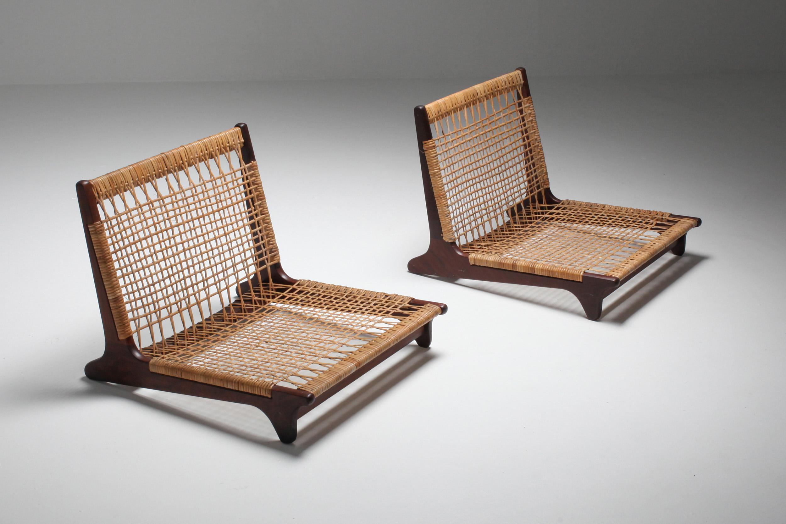 Danish design, teak and wicker, Hans olsen, 1960

Pair of stained teak frame ultra-low loungers with woven cane seats in great original condition. An An absolutely enchanting example of Danish and Japanese design aesthetics.
    