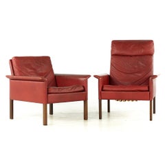 Hans Olsen Midcentury Danish Rosewood and Red Leather Chairs, Pair