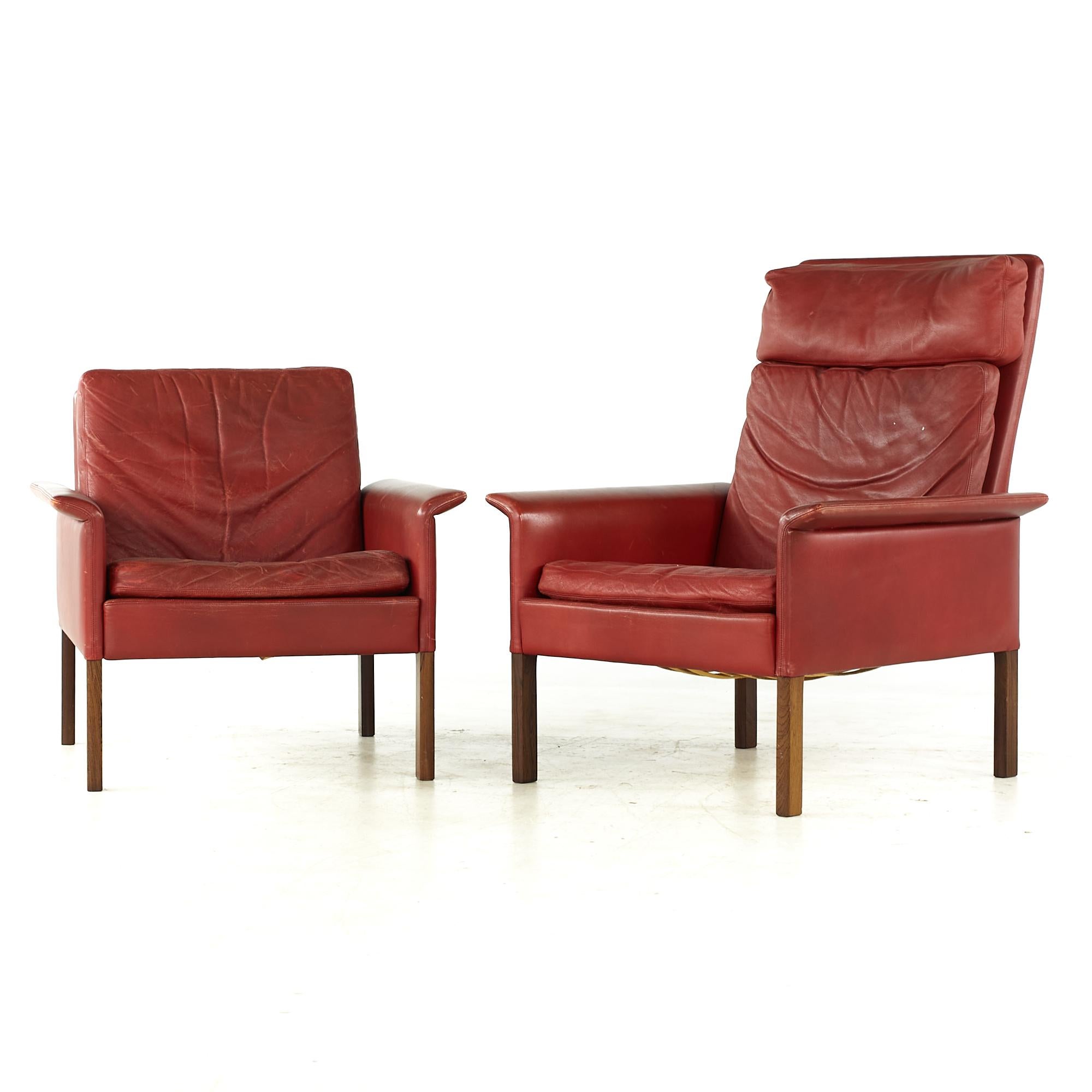 Mid-Century Modern Hans Olsen Midcentury Danish Rosewood and Red Leather Chairs, Pair For Sale