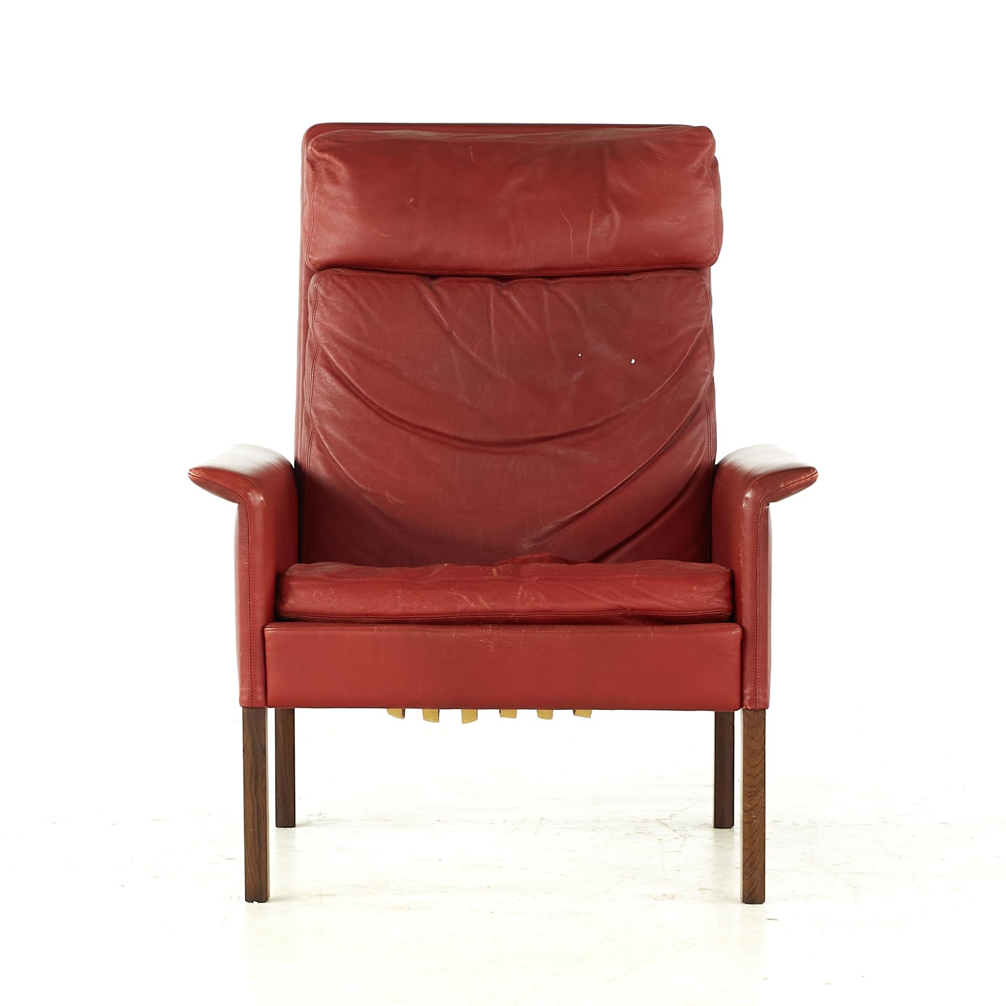 Late 20th Century Hans Olsen Midcentury Danish Rosewood and Red Leather Chairs, Pair For Sale