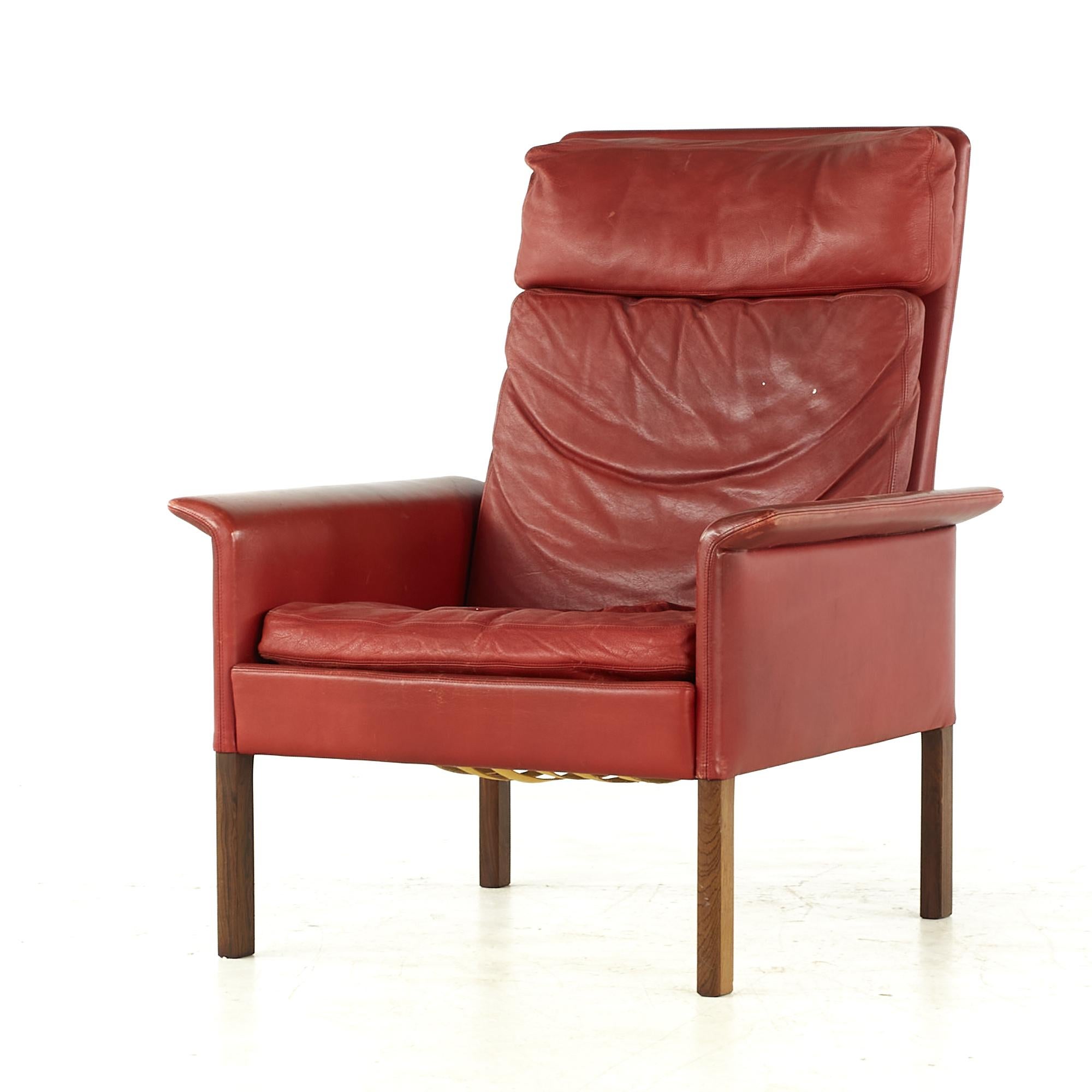 Hans Olsen Midcentury Danish Rosewood and Red Leather Chairs, Pair For Sale 1