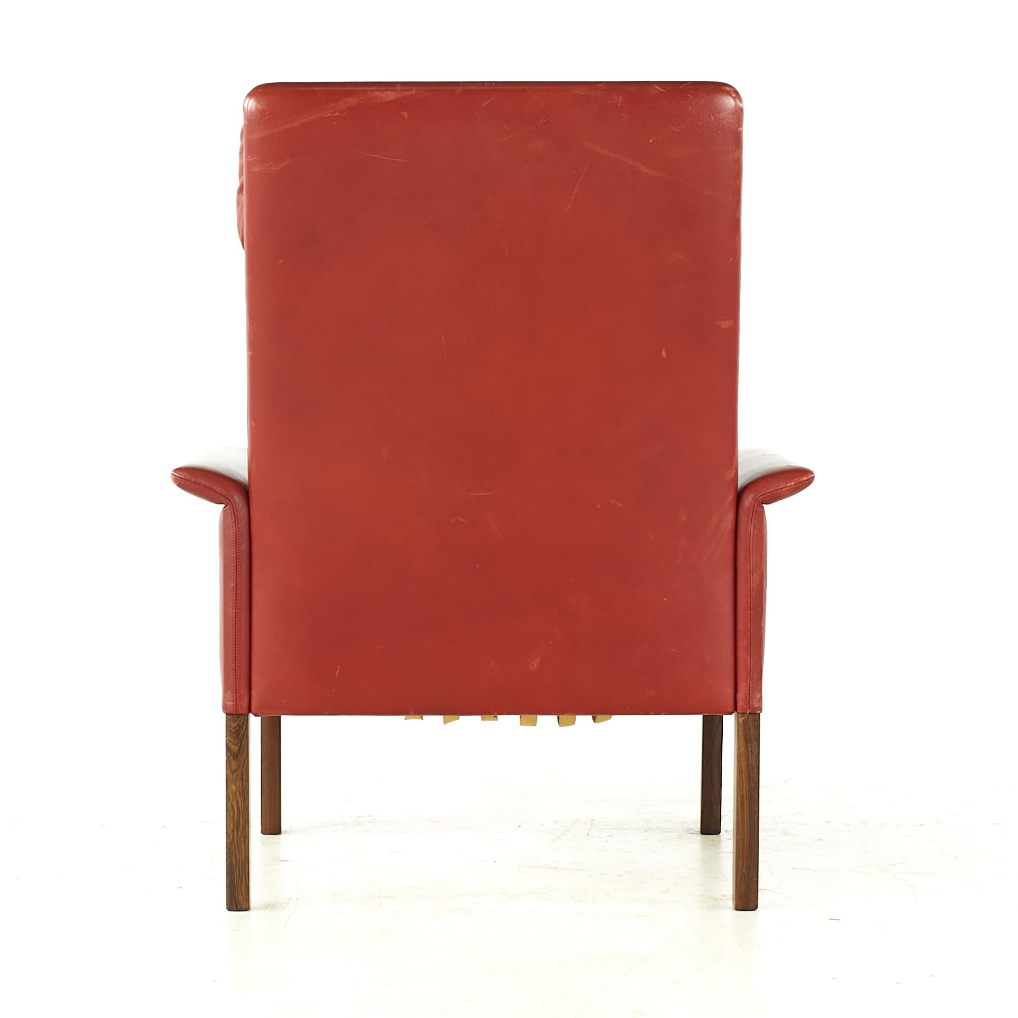 Hans Olsen Midcentury Danish Rosewood and Red Leather Chairs, Pair For Sale 3