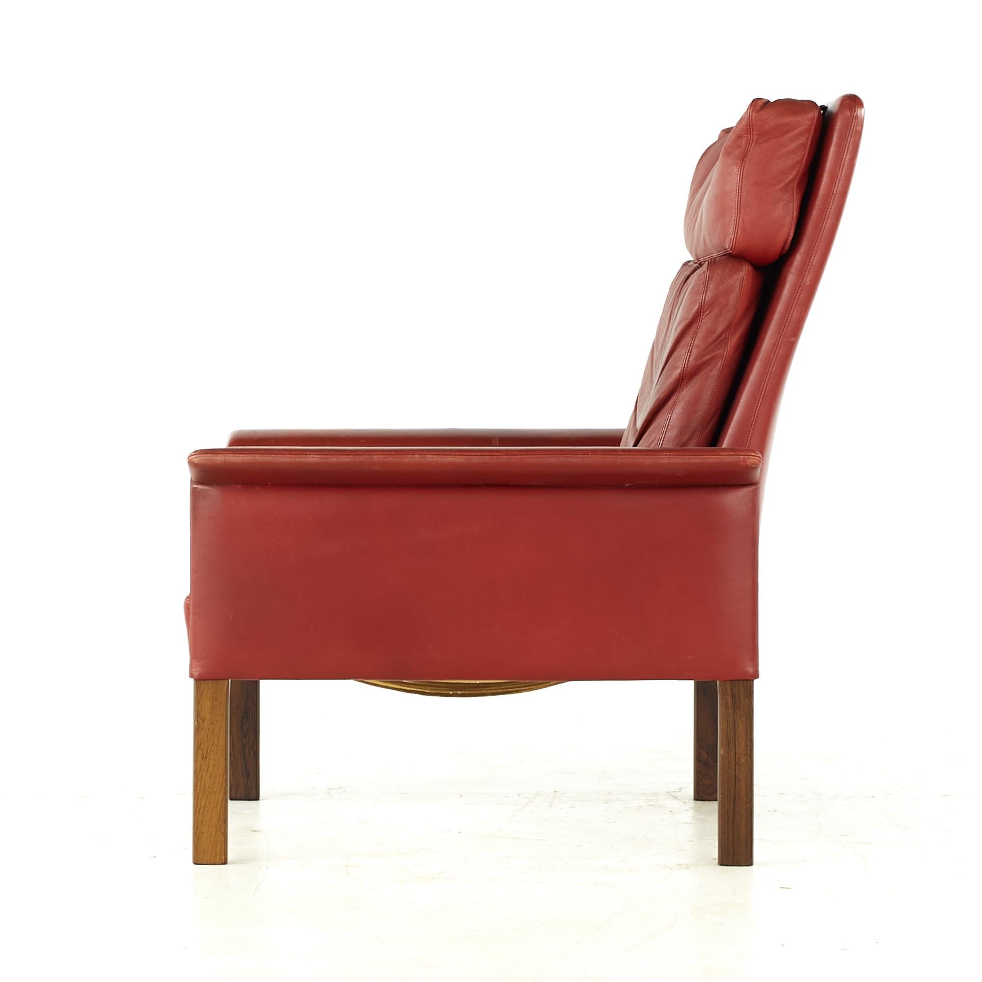Hans Olsen Midcentury Danish Rosewood and Red Leather Chairs, Pair For Sale 4
