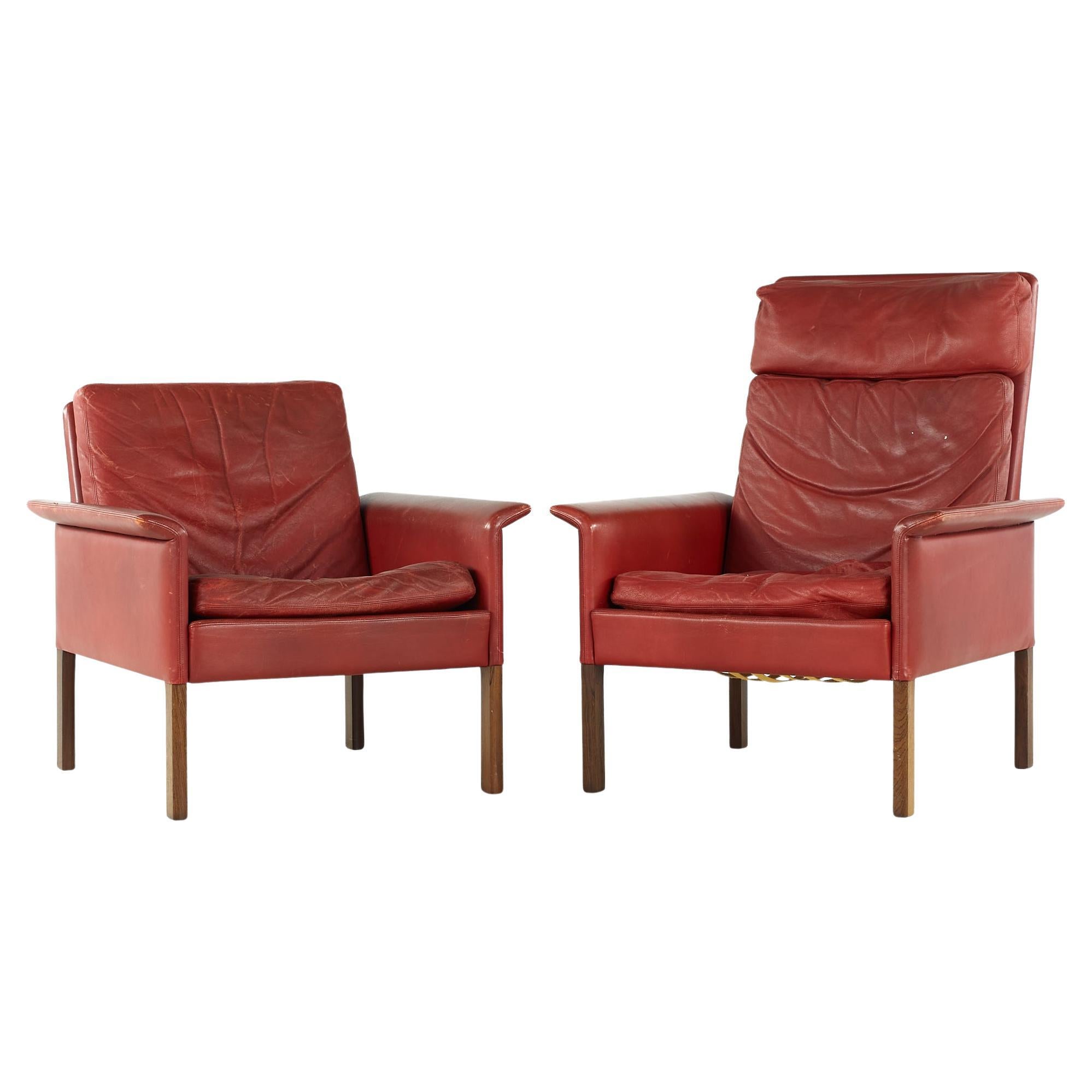 Hans Olsen Midcentury Danish Rosewood and Red Leather Chairs, Pair