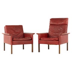 Retro Hans Olsen Midcentury Danish Rosewood and Red Leather Chairs, Pair