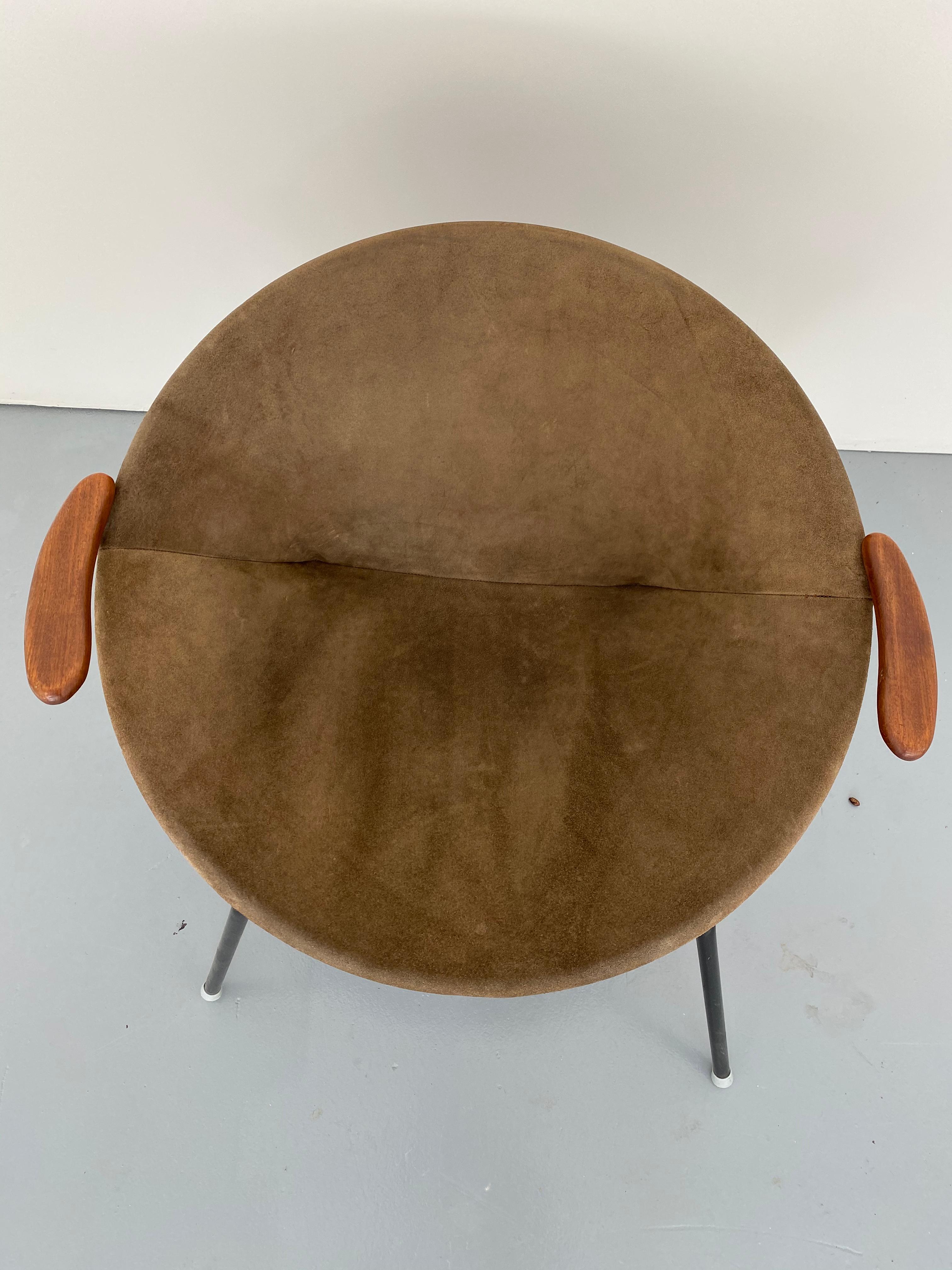 1960s Danish leather balloon chair, Hans Olsen midcentury suede sling hoop teak arms
Measures: 30.38