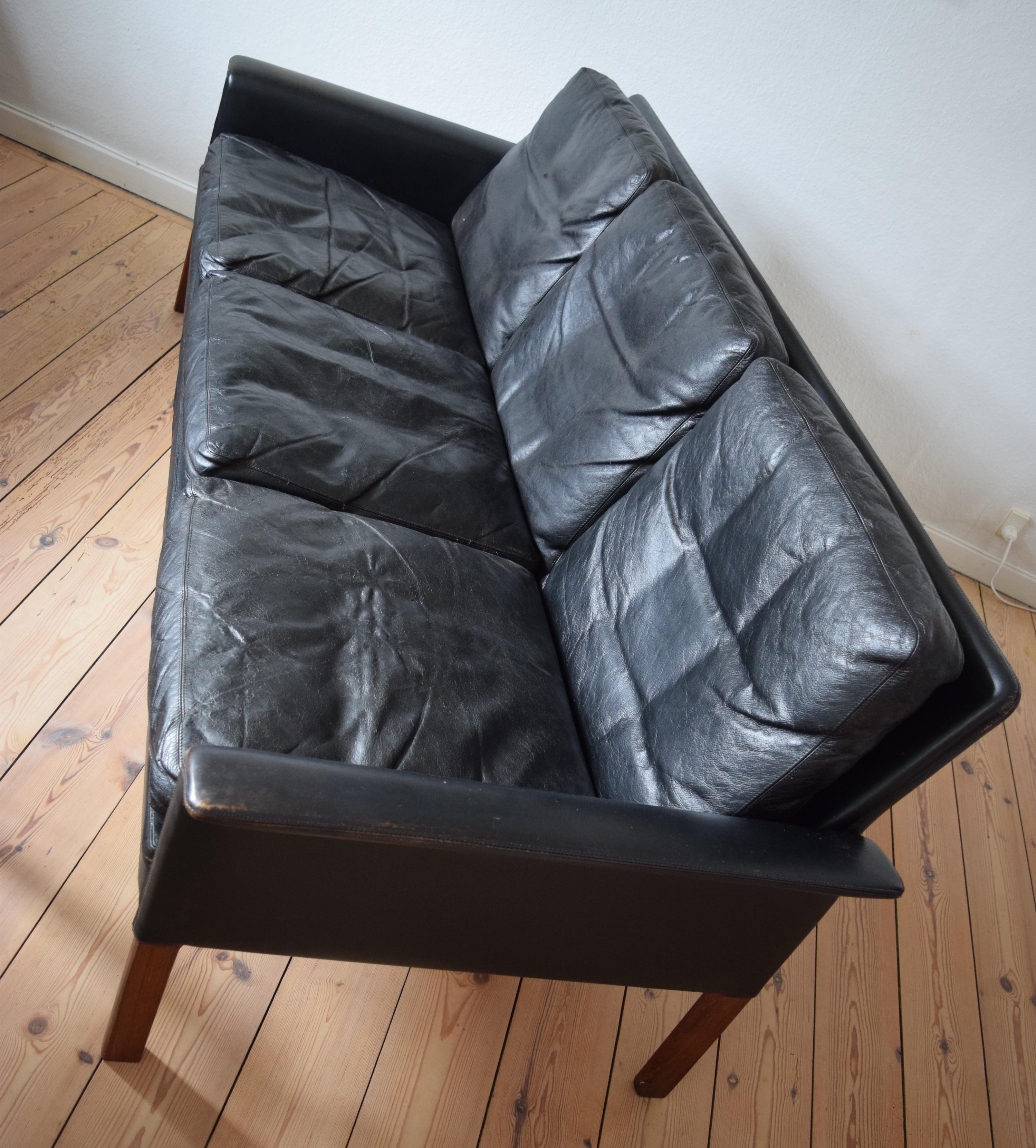 Mid-Century Modern Hans Olsen Model 500 Black Leather Sofa