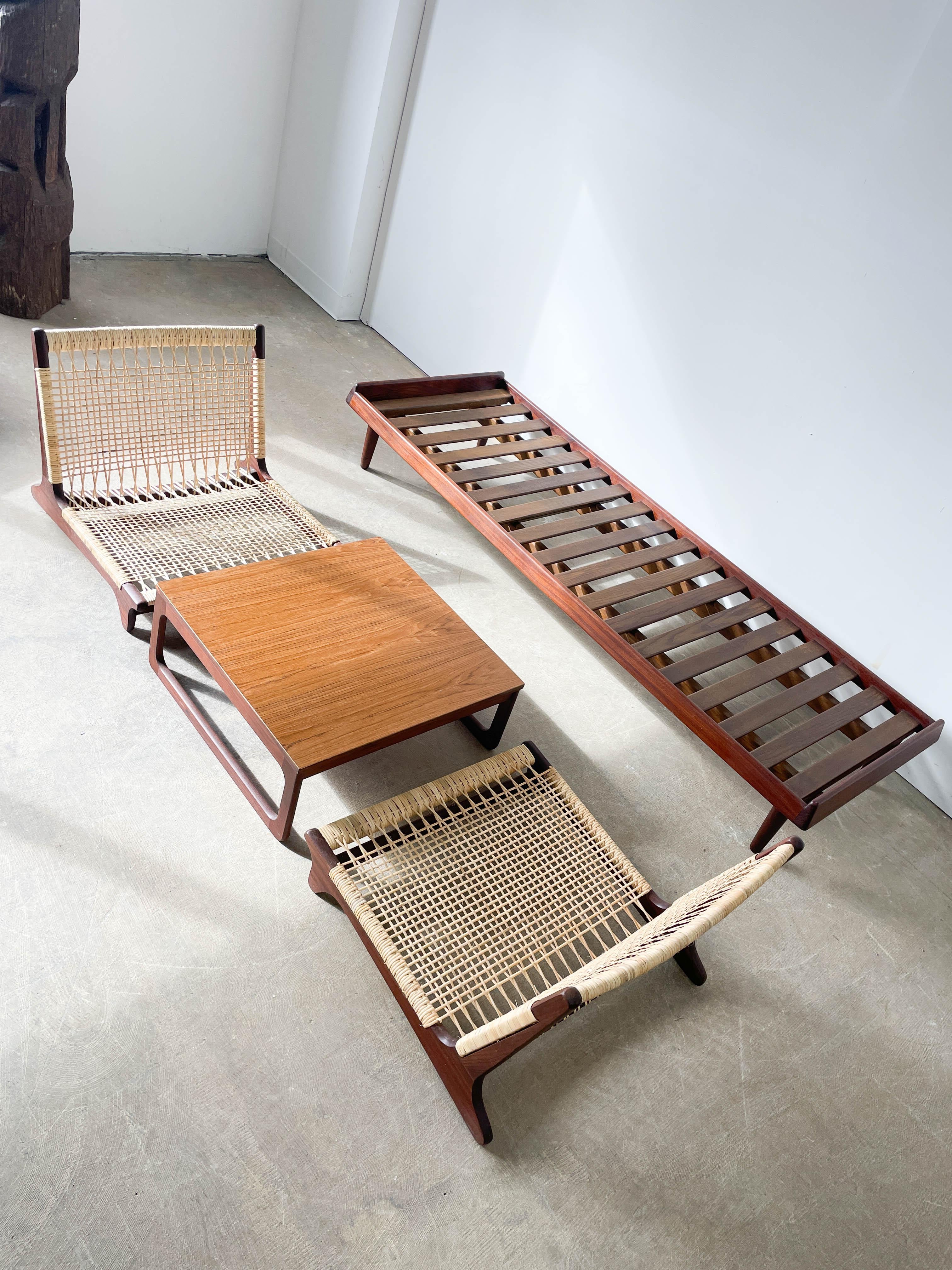 Modular seating set designed by Hans Olsen and made by Bramin in the 1950s. Solid teak / Afrormosia frames with intricately woven cane seats. Totaly modular system means components can be arranged in a wide range of variations: seats next to each
