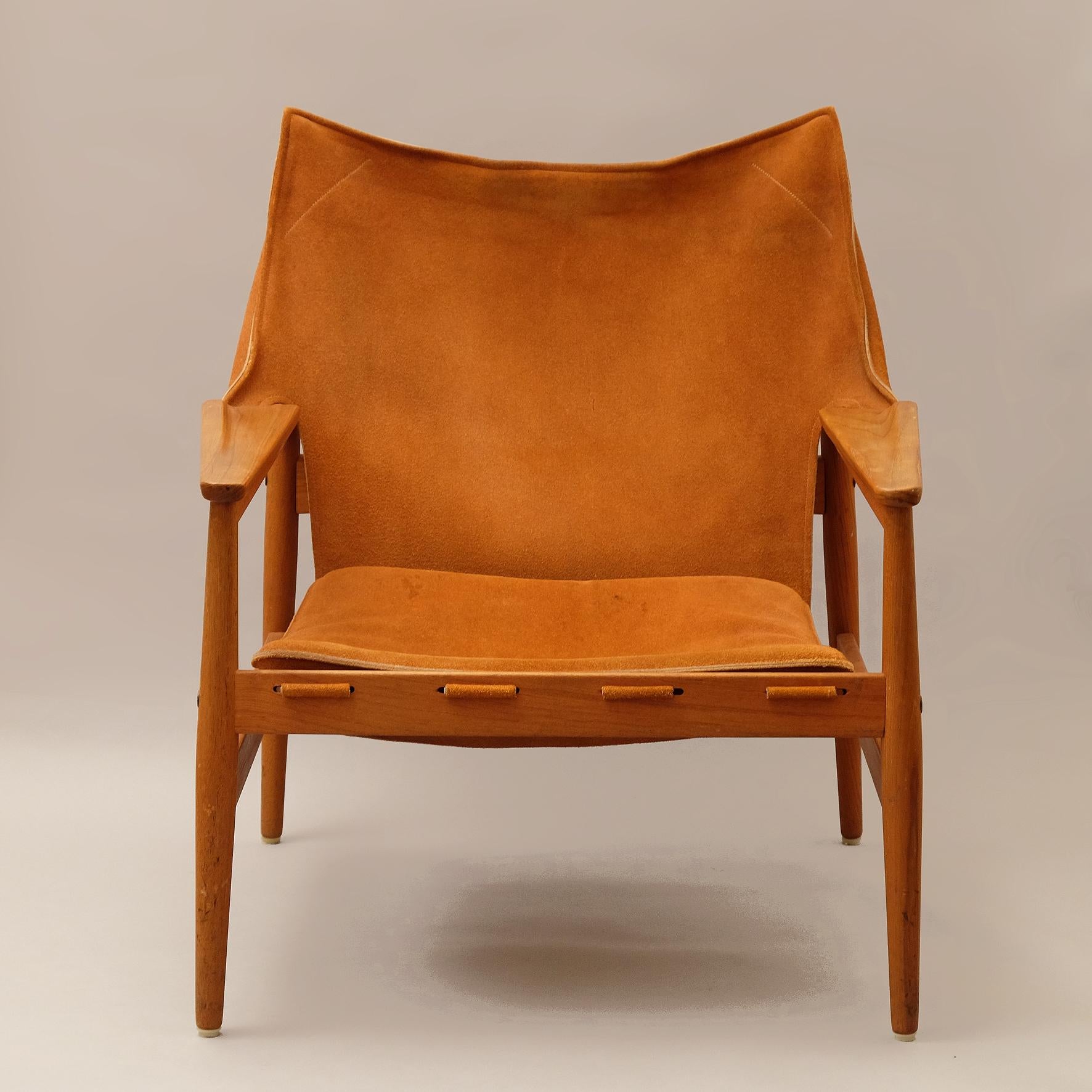 Hans Olsen, Pair of Teak and Brown Suede Armchairs, circa 1960 In Excellent Condition In Paris, FR