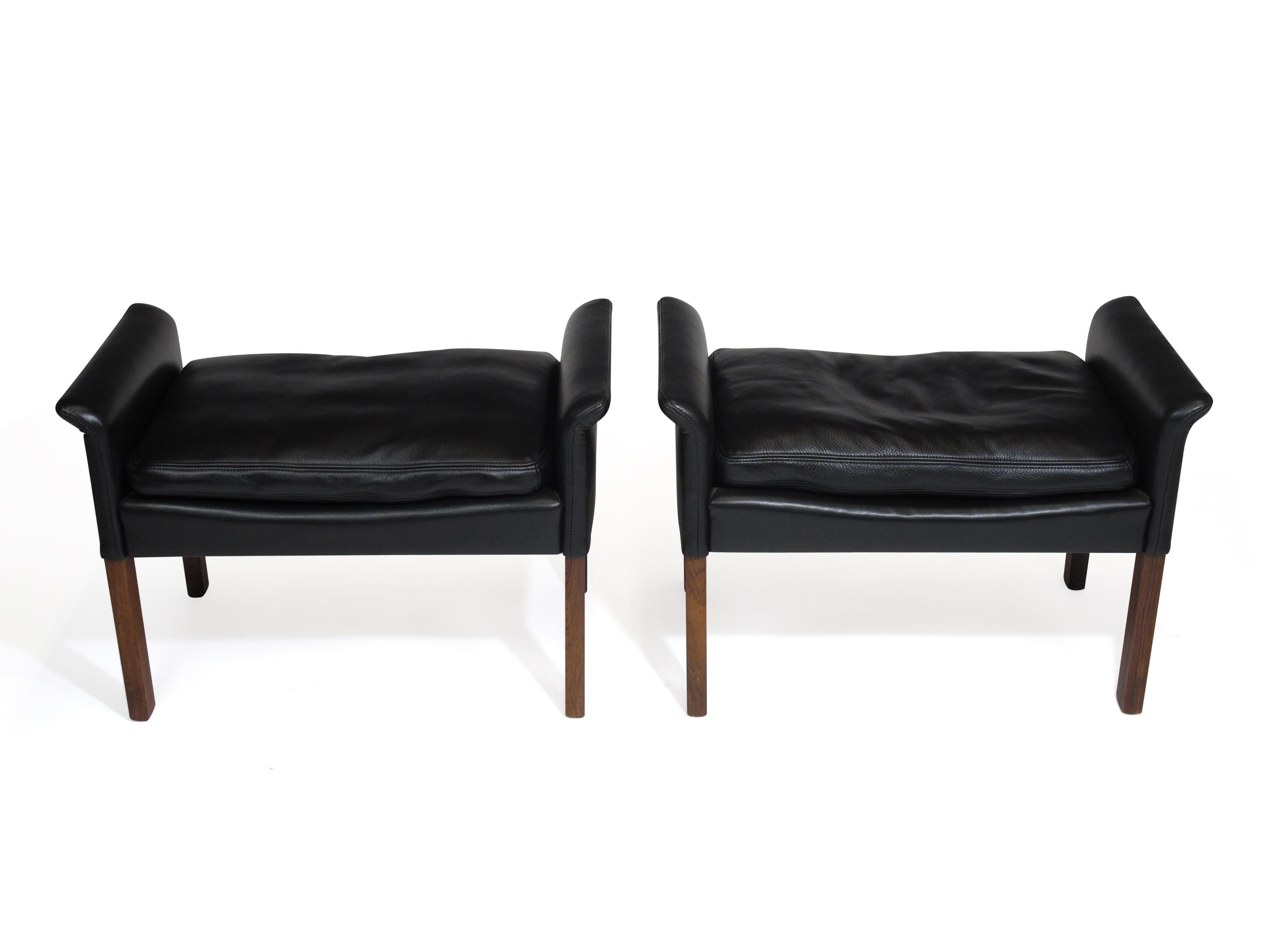 Danish Hans Olsen Rosewood and Black Leather Ottomans, A Pair
