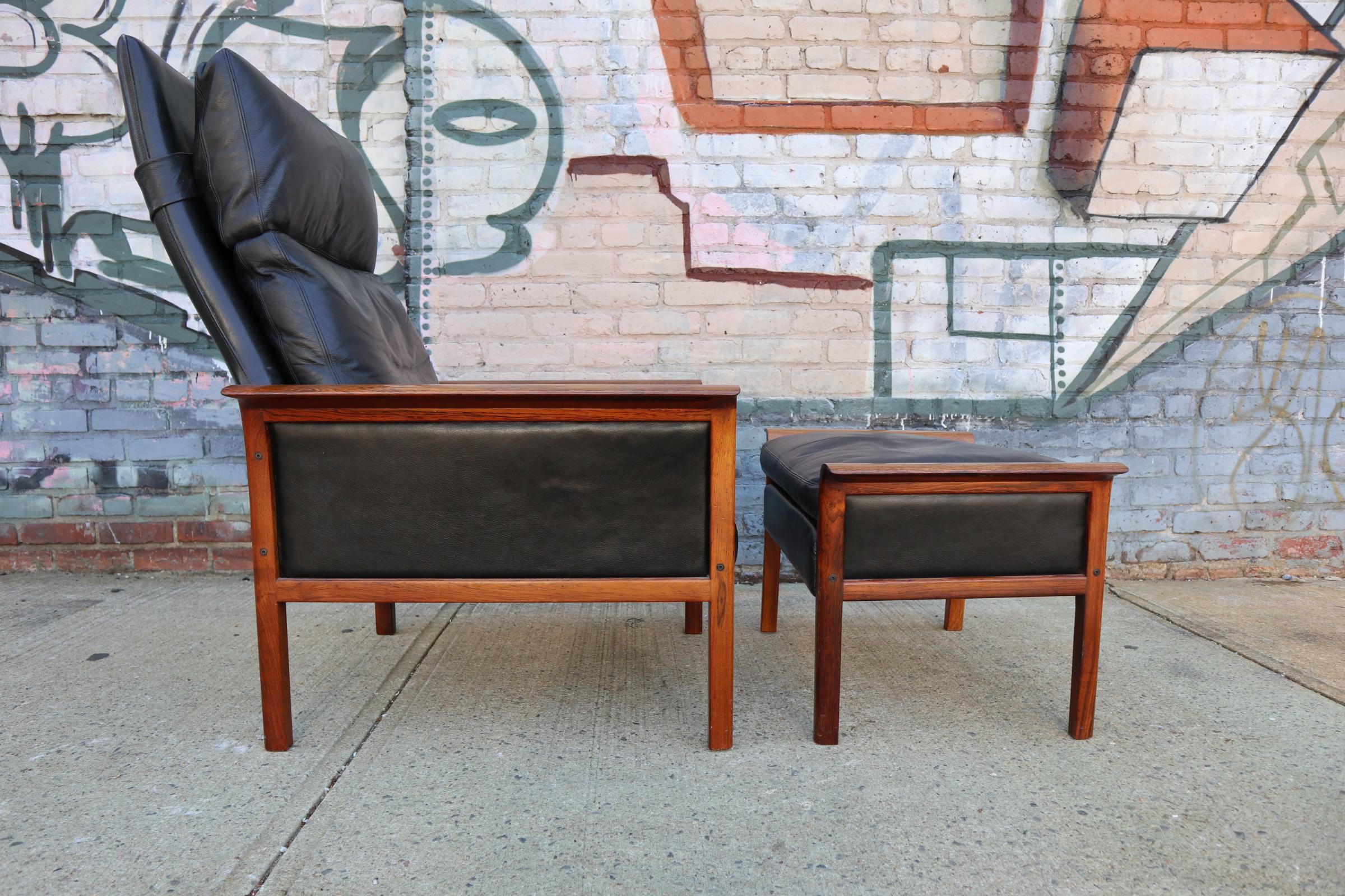 20th Century Hans Olsen Rosewood and Leather Lounge Chair and Ottoman