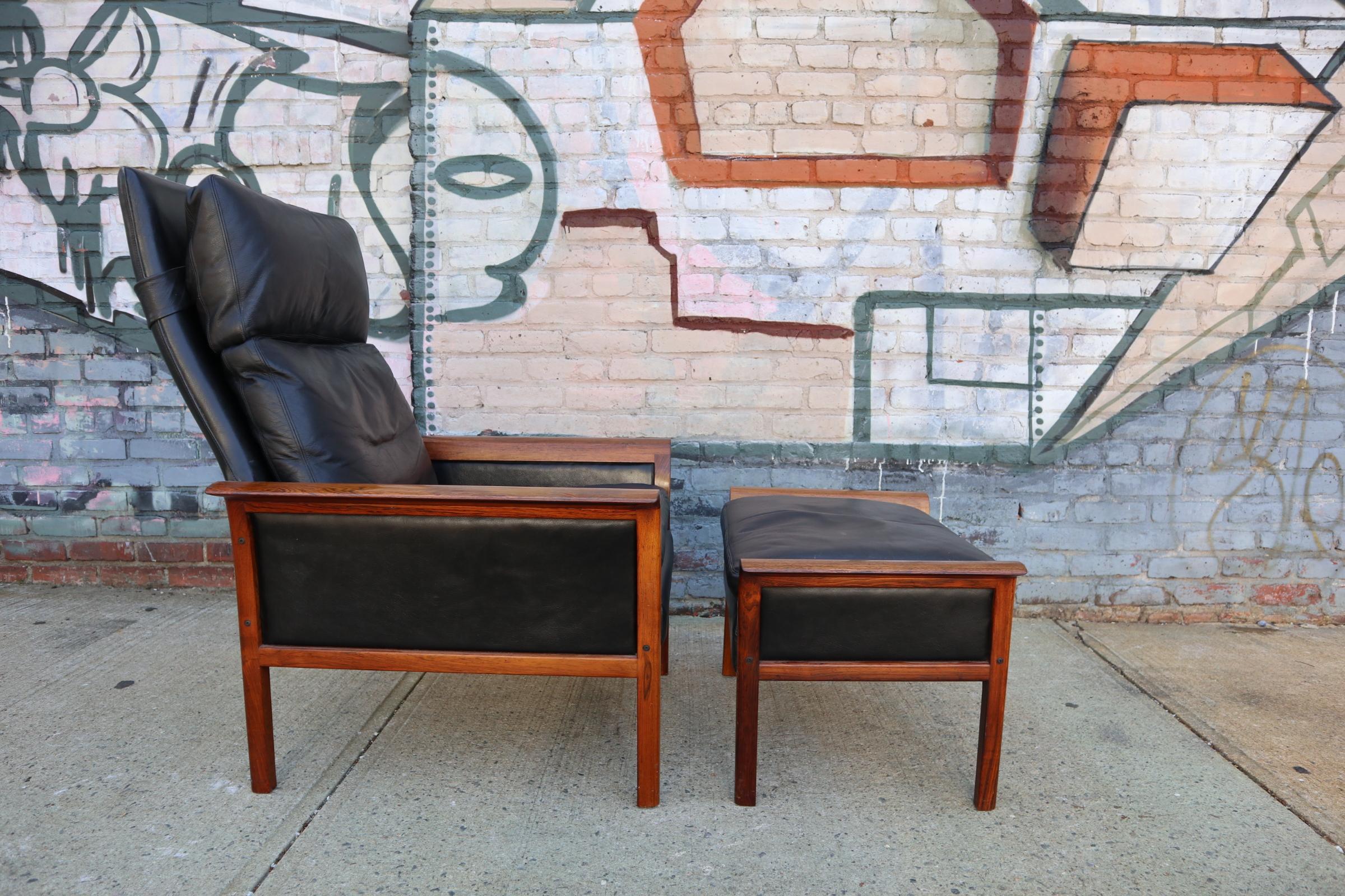 Hans Olsen Rosewood and Leather Lounge Chair and Ottoman 1