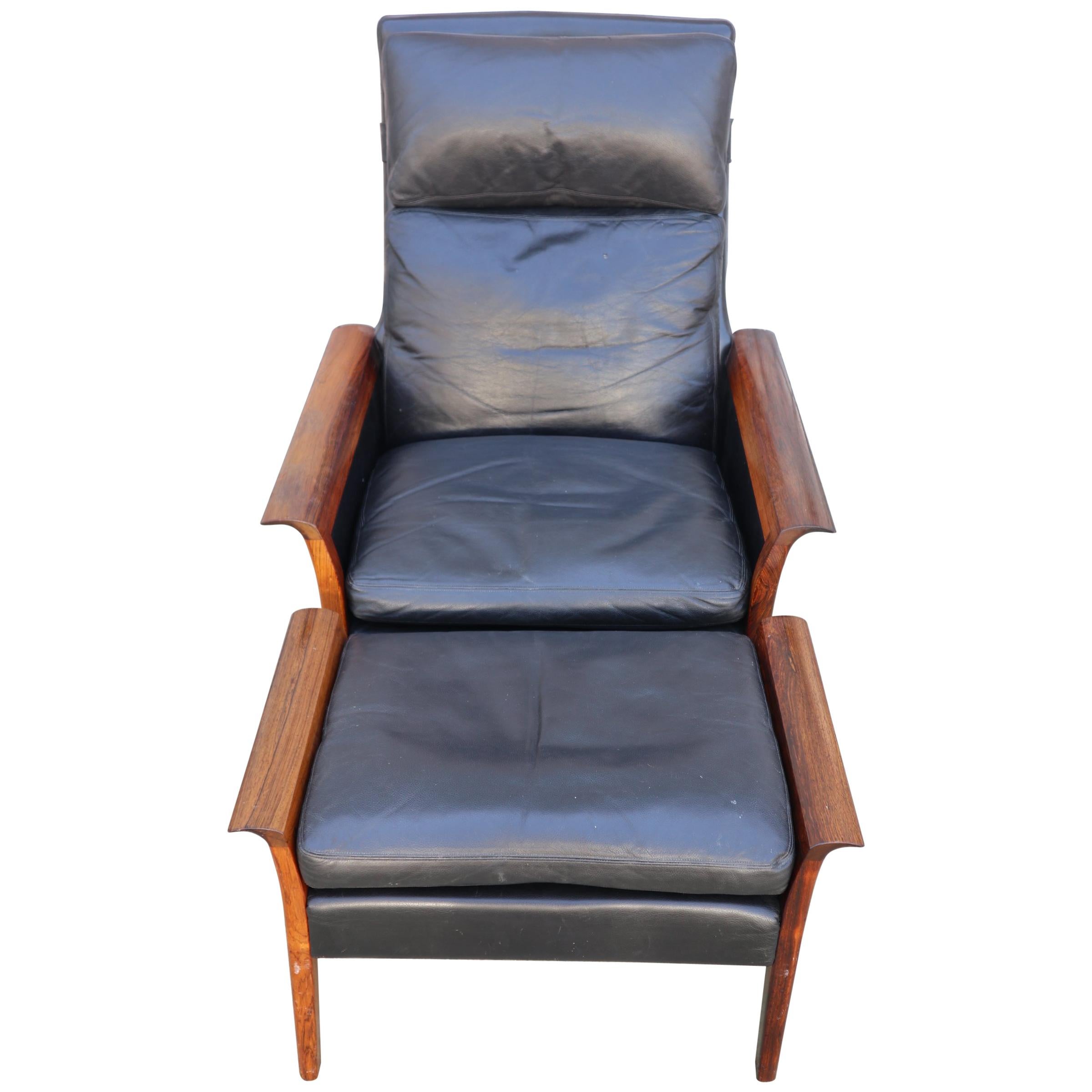 Hans Olsen Rosewood and Leather Lounge Chair and Ottoman