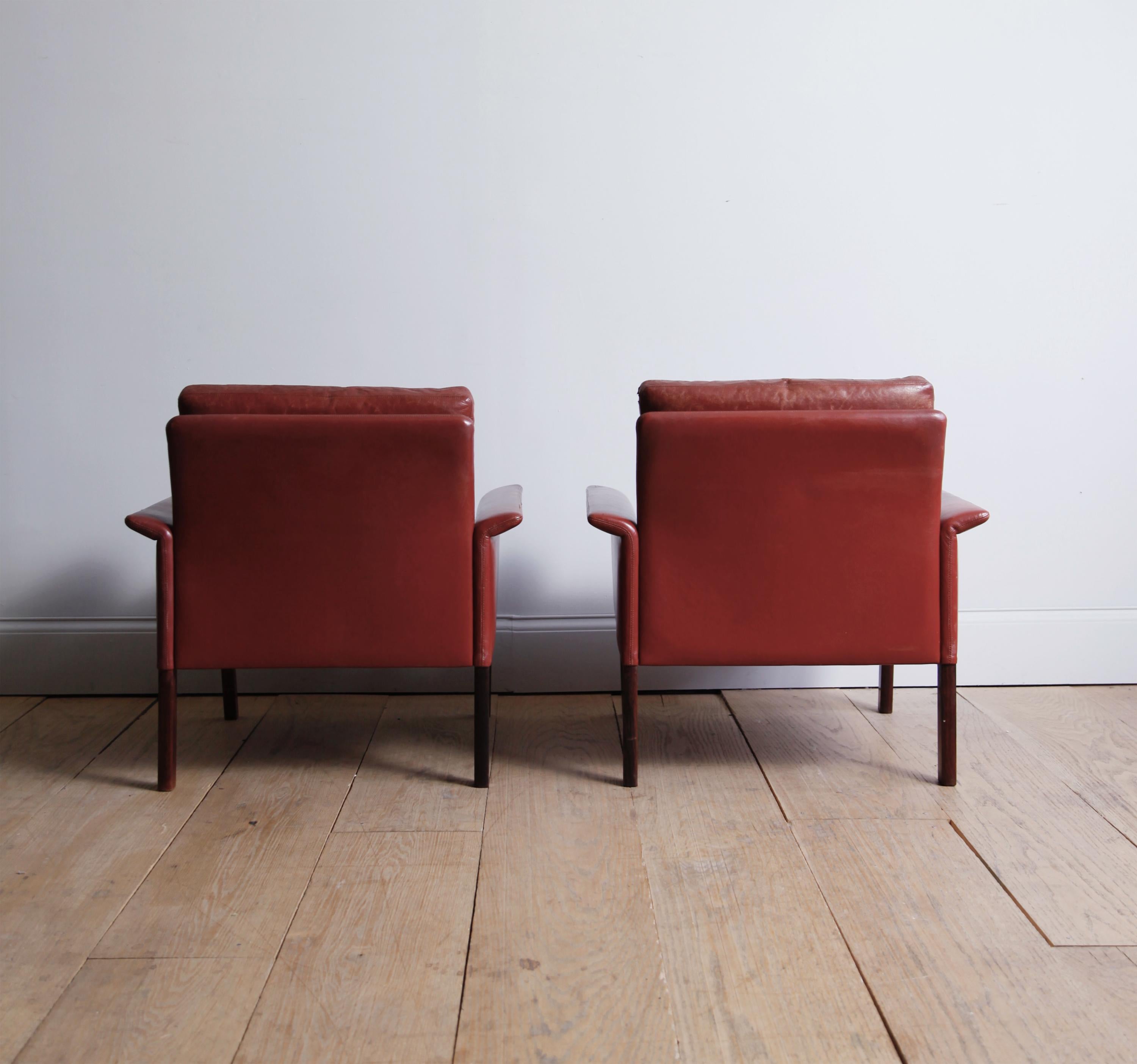 Scandinavian Modern Hans Olsen Rosewood Armchairs and Ottoman in Original Oxblood Leather For Sale