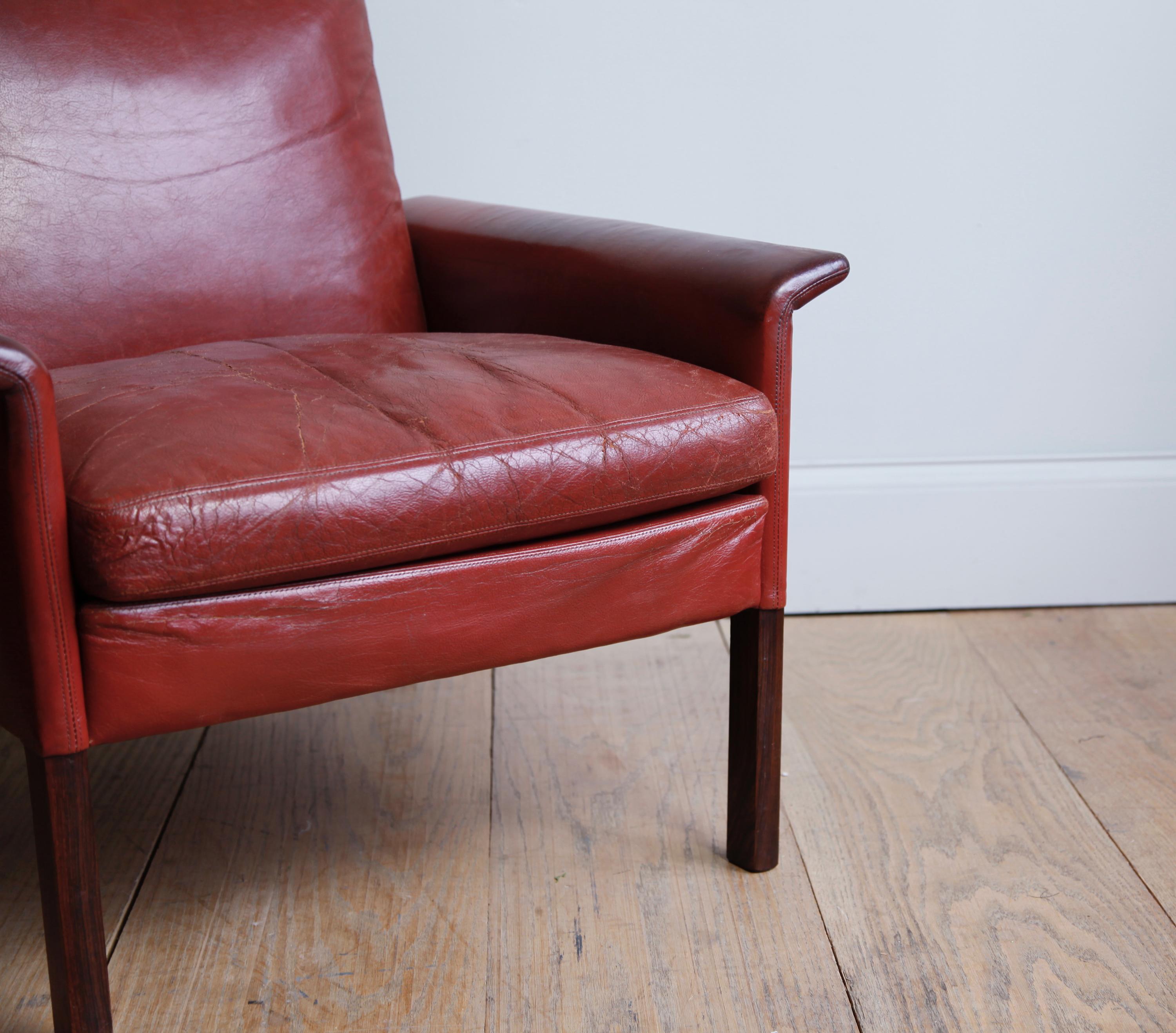 Danish Hans Olsen Rosewood Armchairs and Ottoman in Original Oxblood Leather For Sale