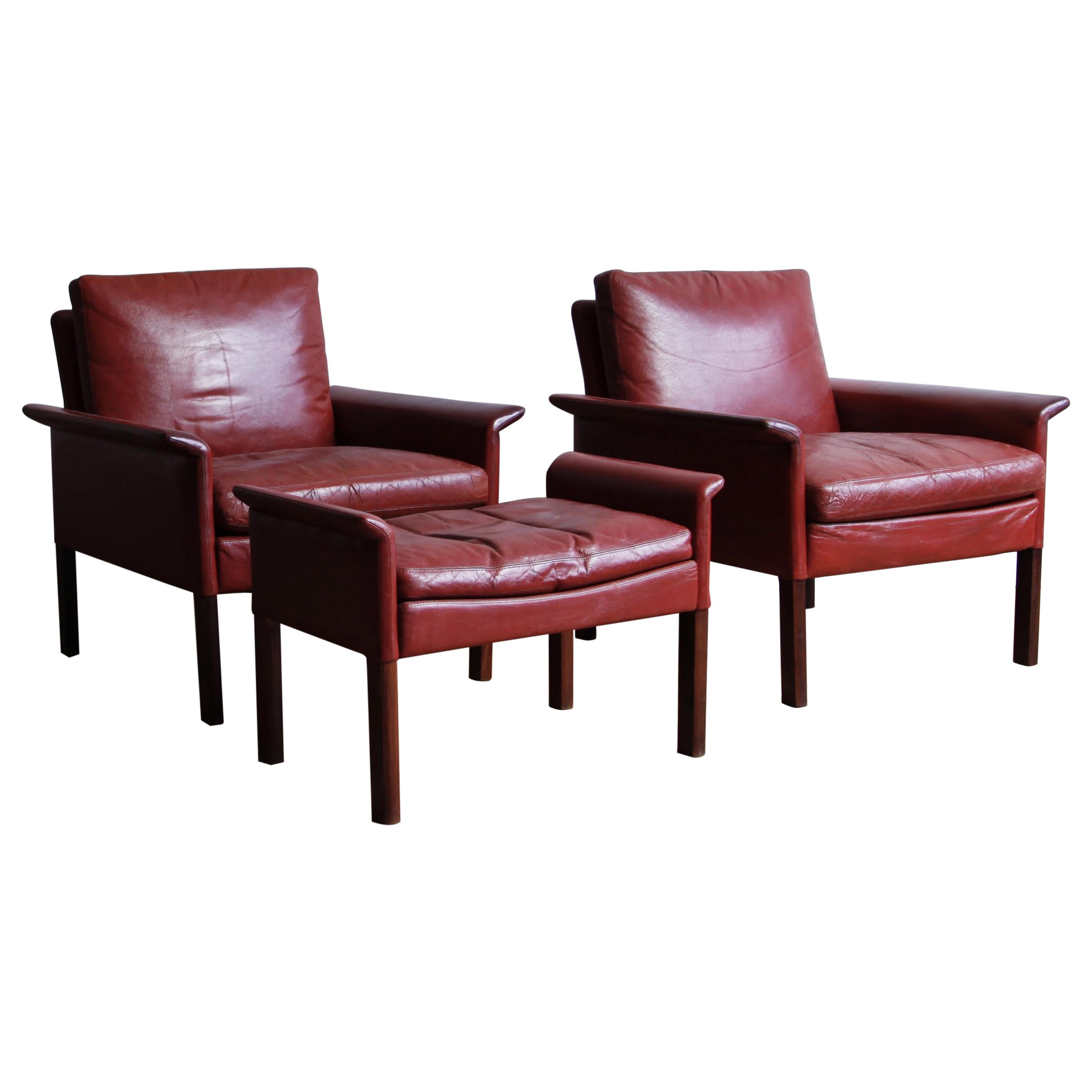 Hans Olsen Rosewood Armchairs and Ottoman in Original Oxblood Leather For Sale