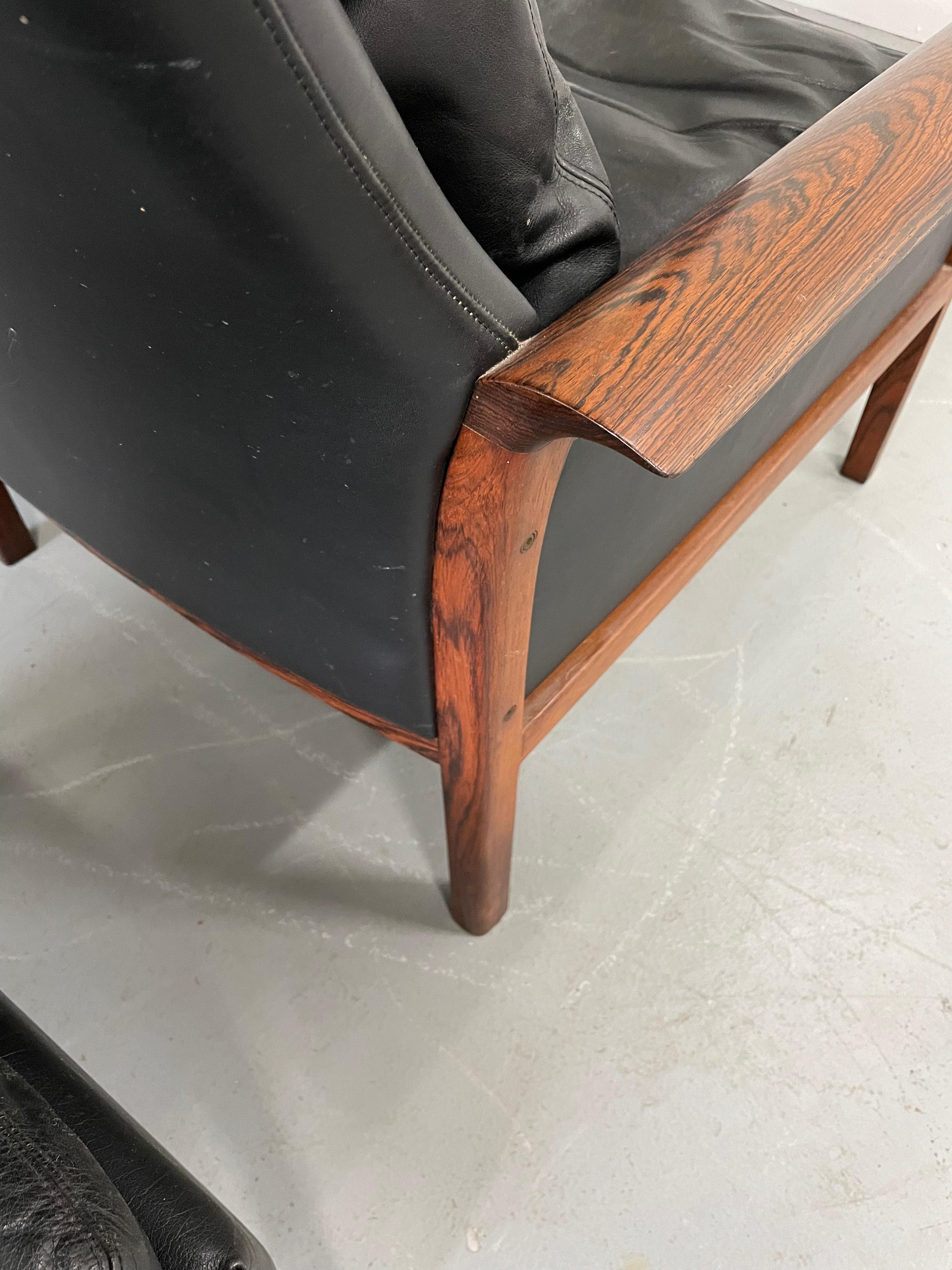 Hans Olsen Rosewood Danish Lounge Chair & Ottoman in Black Leather Mid Century 4