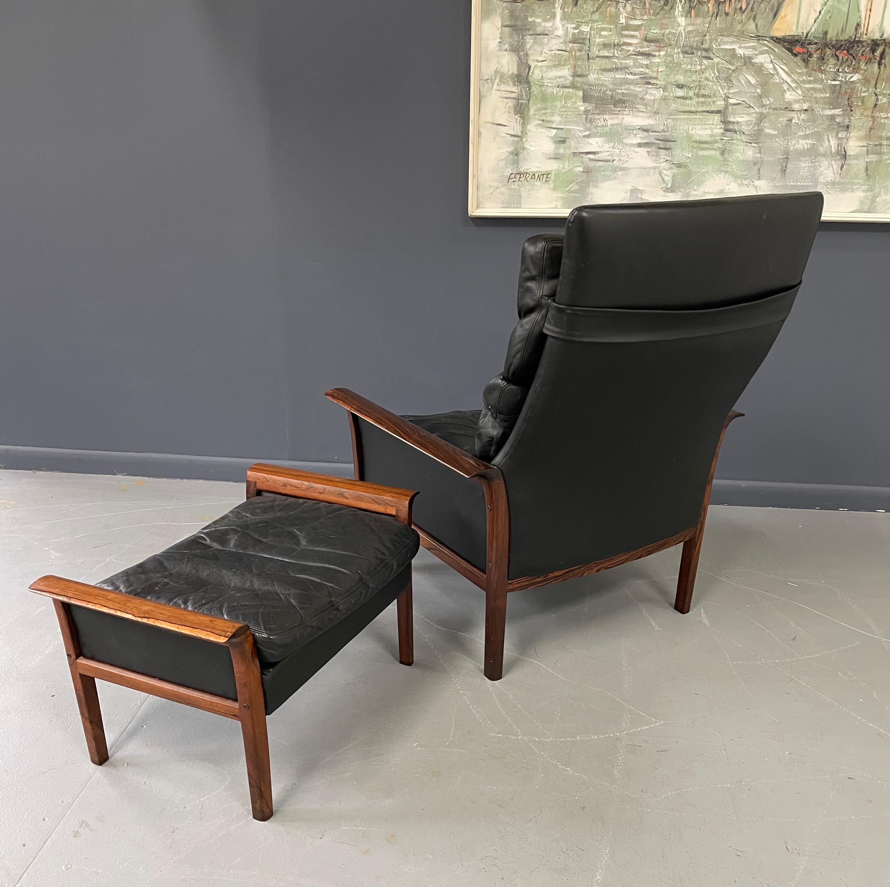 European Hans Olsen Rosewood Danish Lounge Chair & Ottoman in Black Leather Mid Century