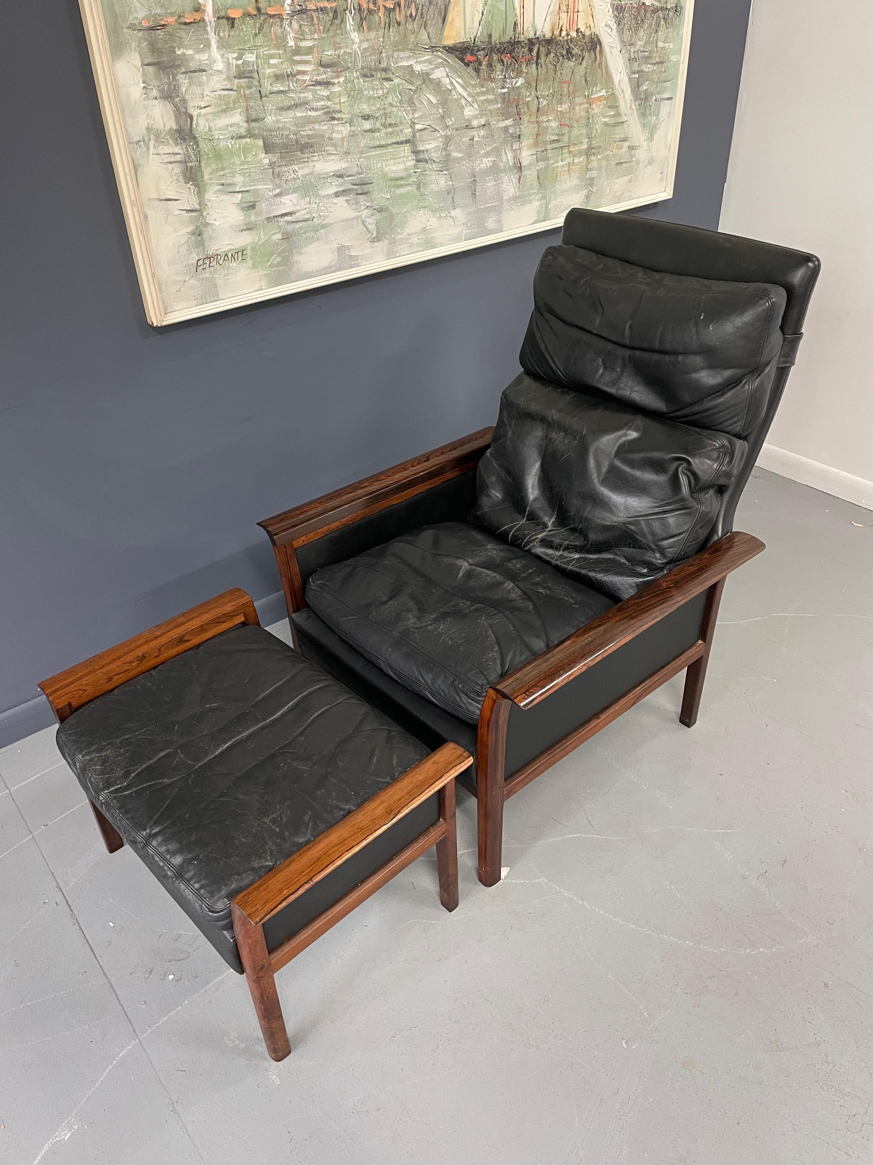 20th Century Hans Olsen Rosewood Danish Lounge Chair & Ottoman in Black Leather Mid Century