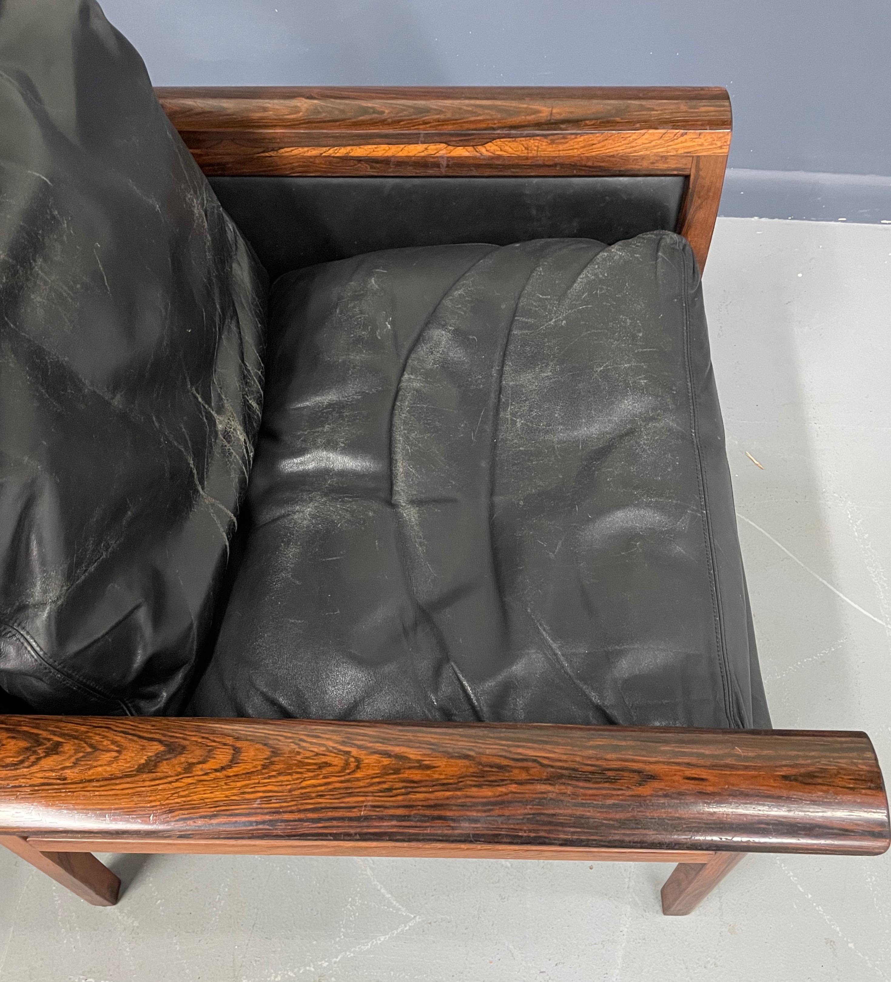 Hans Olsen Rosewood Danish Lounge Chair & Ottoman in Black Leather Mid Century 1