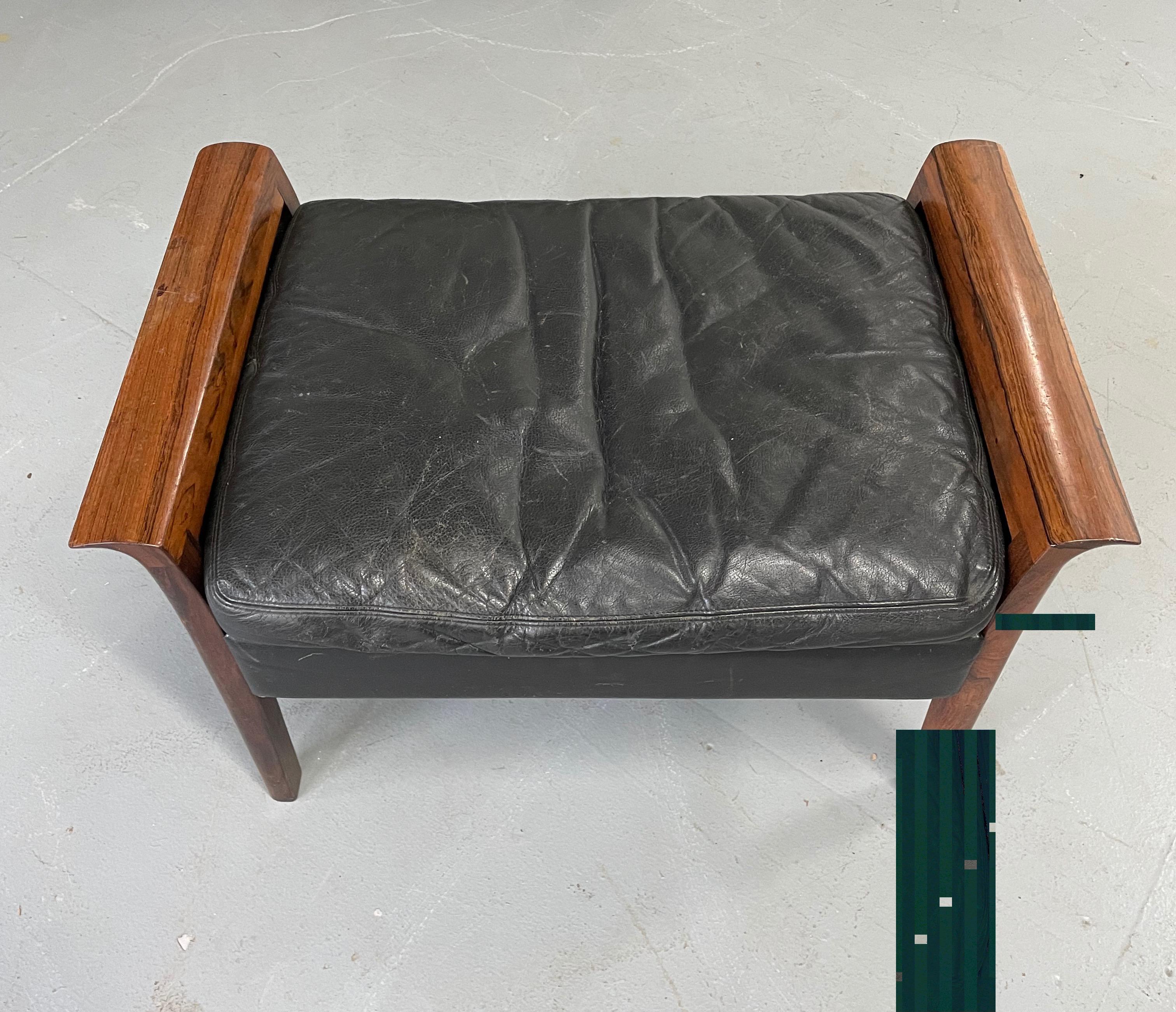 Hans Olsen Rosewood Danish Lounge Chair & Ottoman in Black Leather Mid Century 2