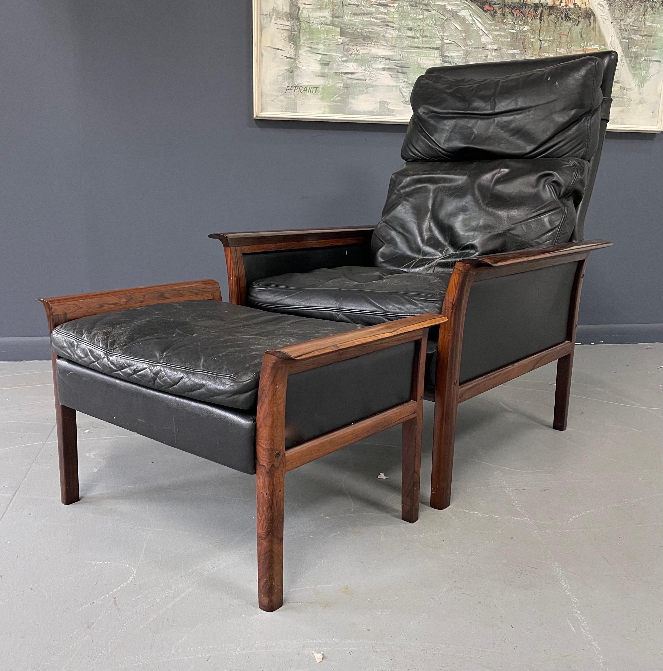 Hans Olsen Rosewood Danish Lounge Chair & Ottoman in Black Leather Mid Century 3