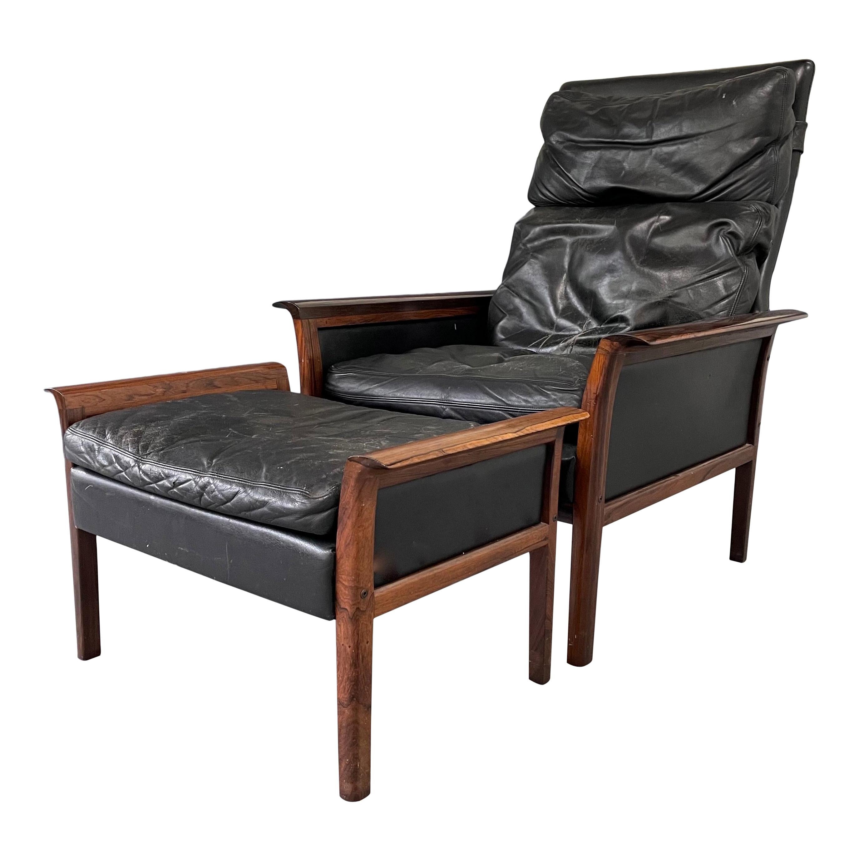 Hans Olsen Rosewood Danish Lounge Chair & Ottoman in Black Leather Mid Century