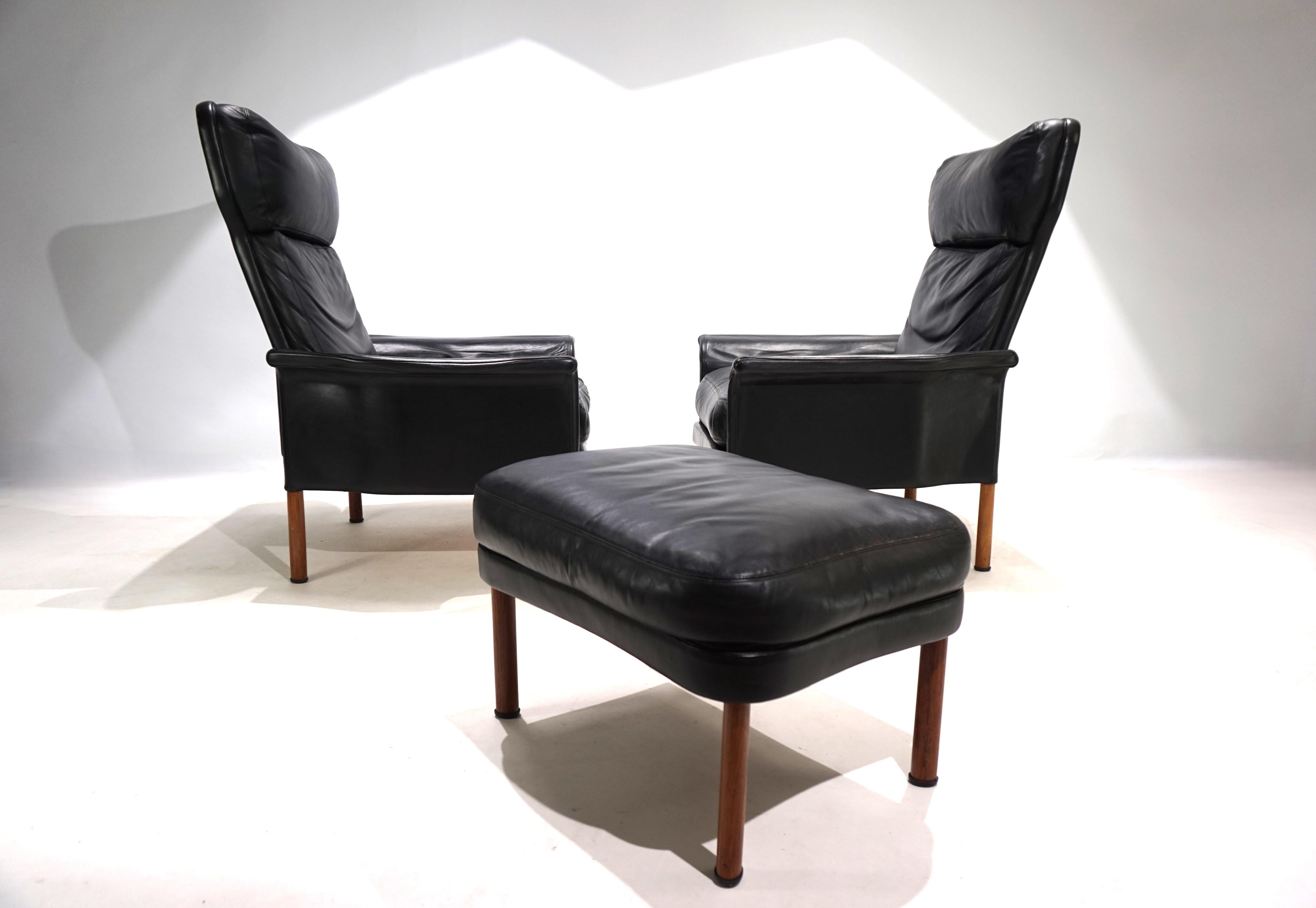 Hans Olsen set of 2 leather chairs with ottoman, 1960 5