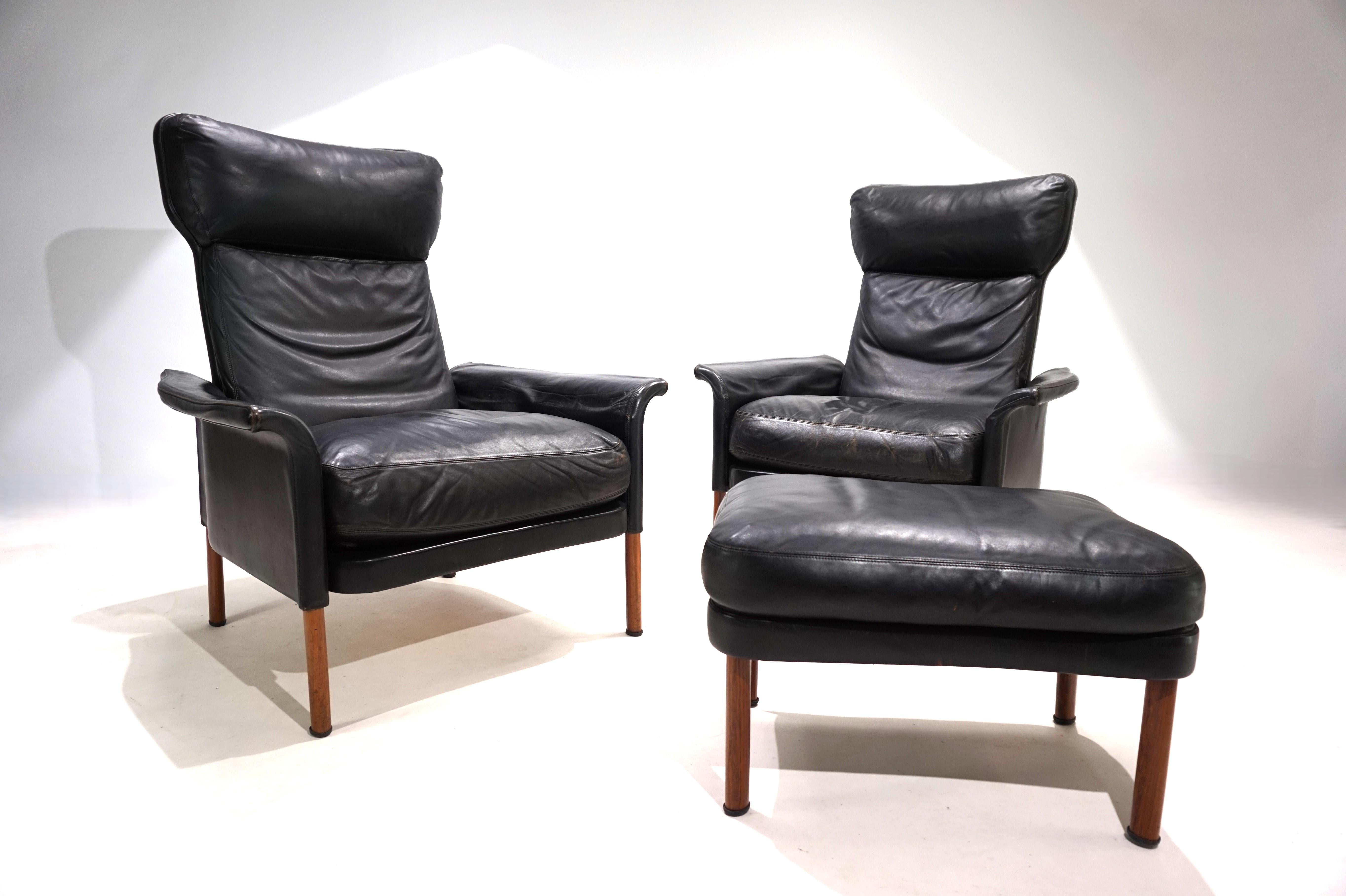 Hans Olsen set of 2 leather chairs with ottoman, 1960 7