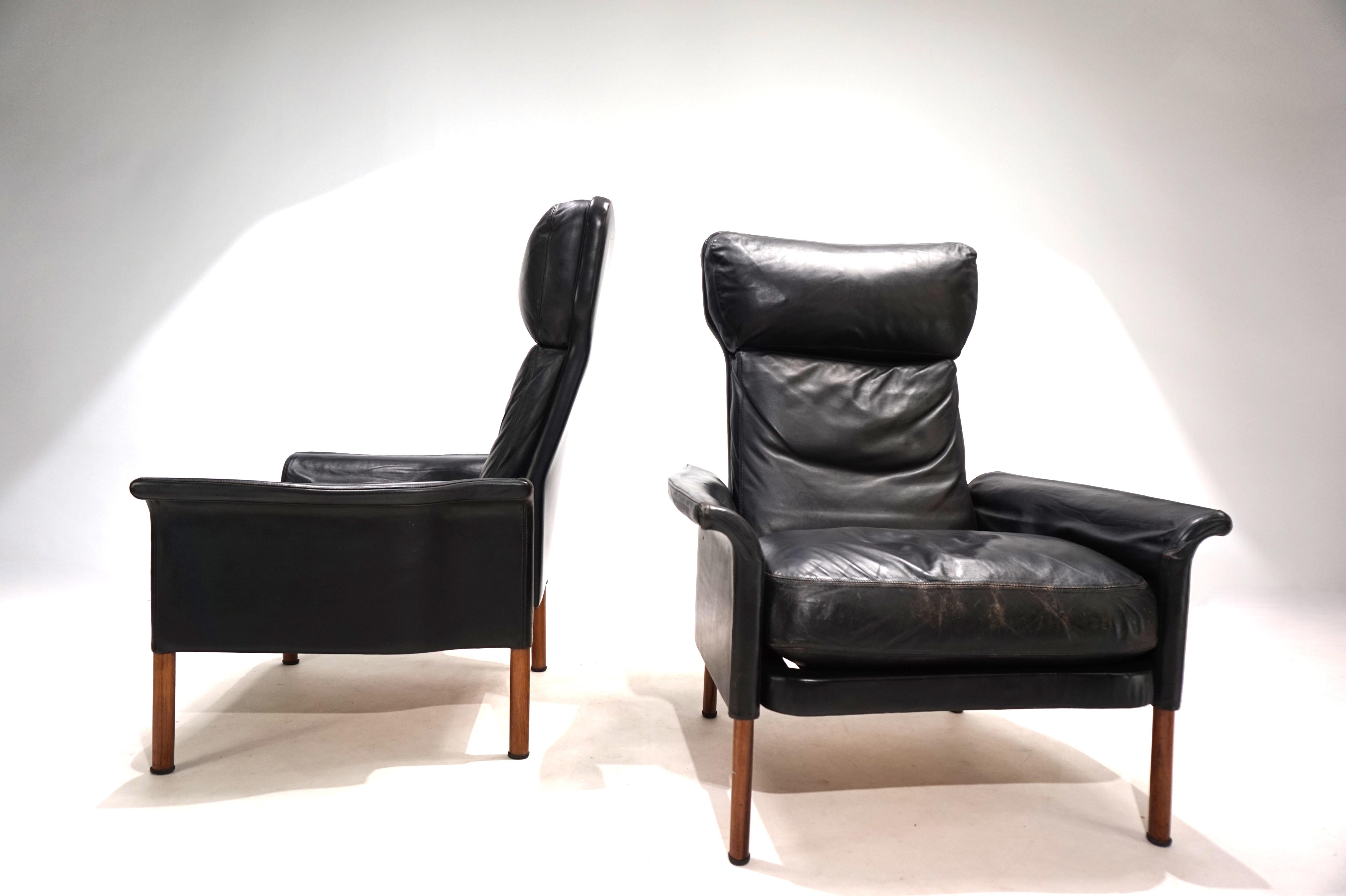 Mid-Century Modern Hans Olsen set of 2 leather chairs with ottoman, 1960