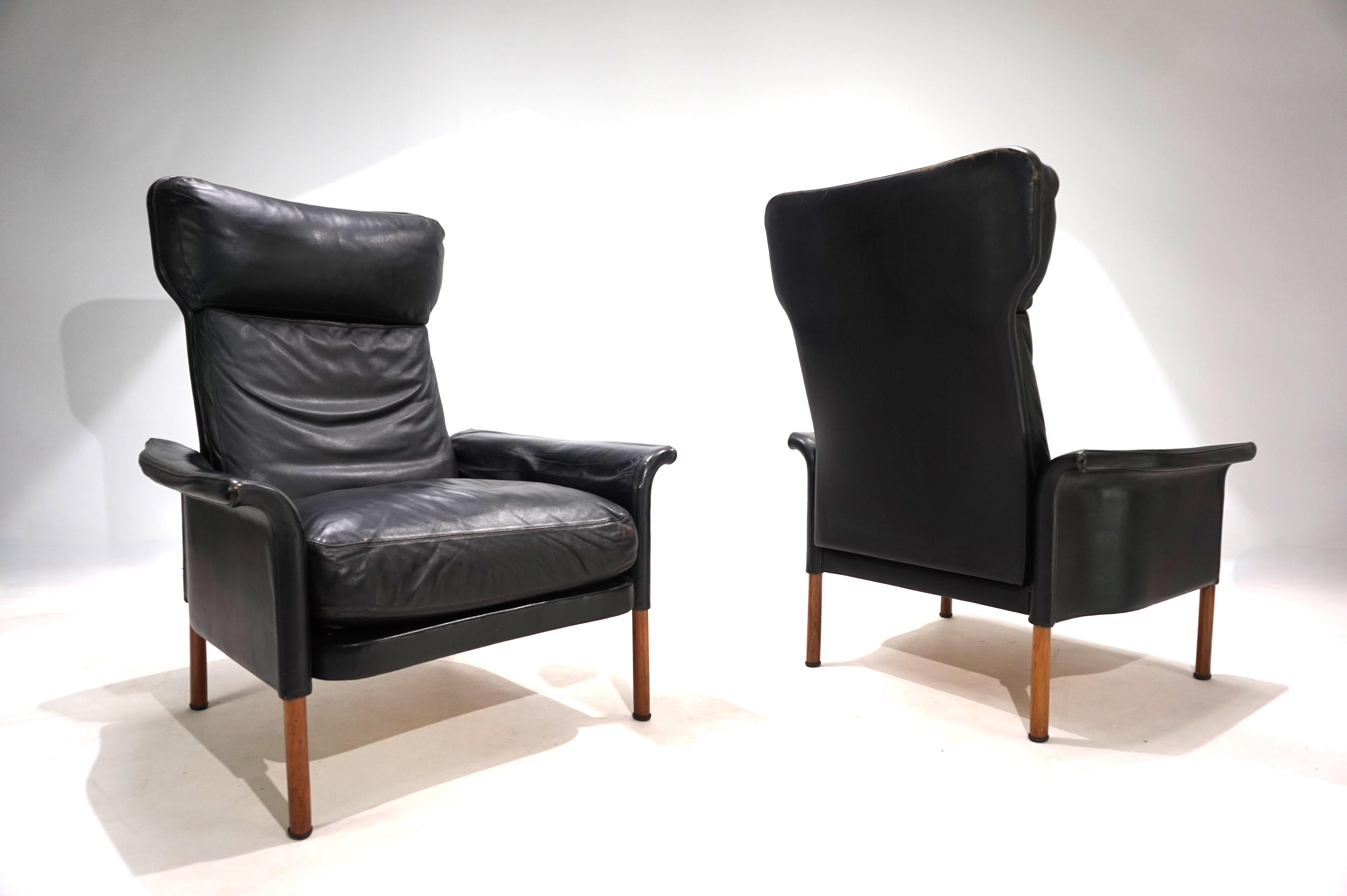 Danish Hans Olsen set of 2 leather chairs with ottoman, 1960