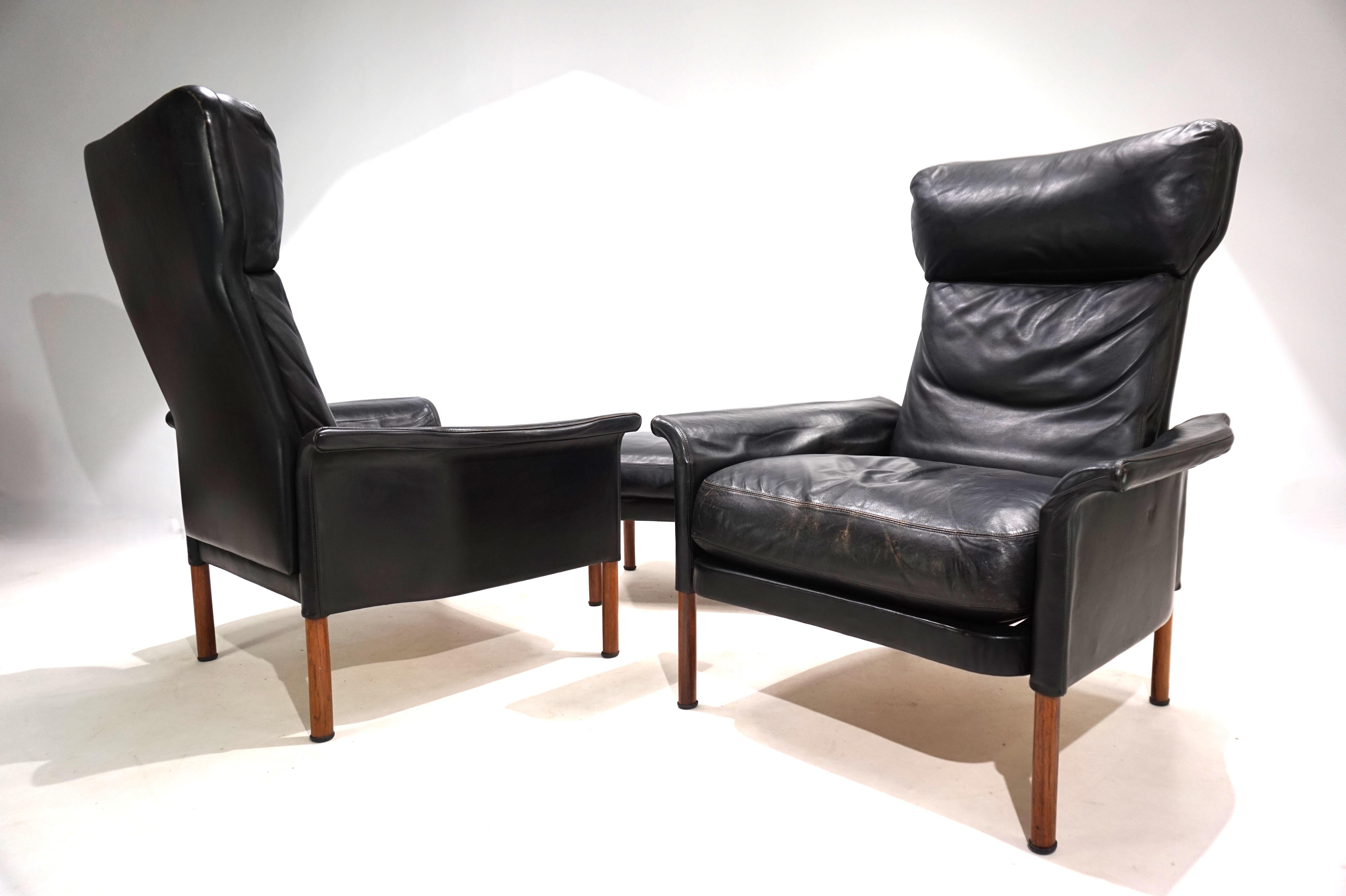 Mid-20th Century Hans Olsen set of 2 leather chairs with ottoman, 1960