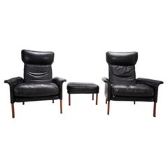 Hans Olsen set of 2 leather chairs with ottoman, 1960