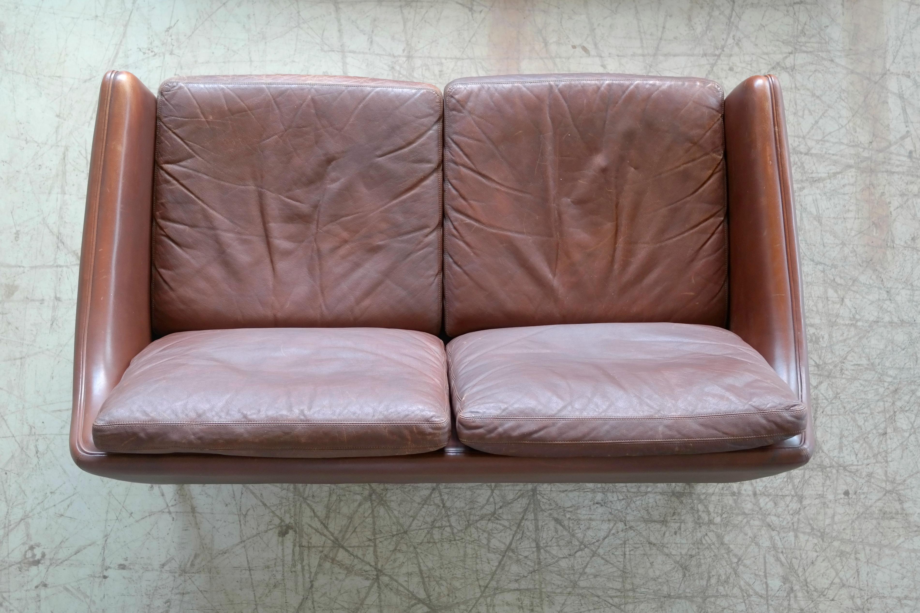 Danish Hans Olsen Settee or Loveseat in Chocolate Brown Leather and Rosewood  4