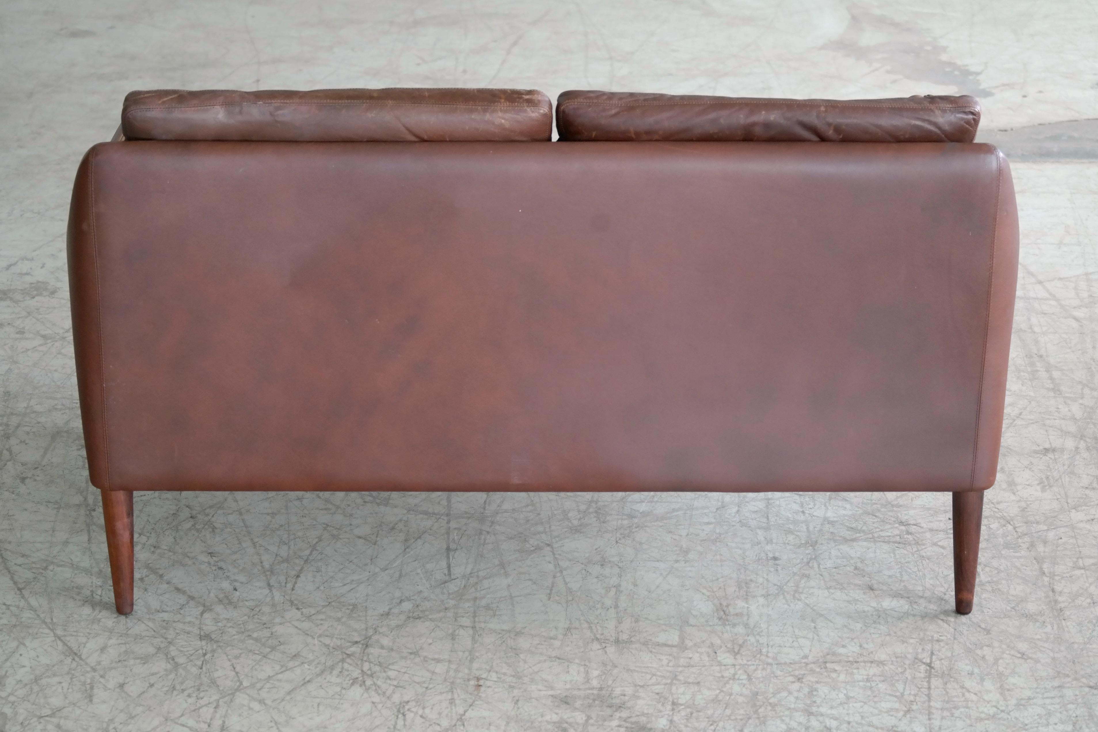 Danish Hans Olsen Settee or Loveseat in Chocolate Brown Leather and Rosewood  6