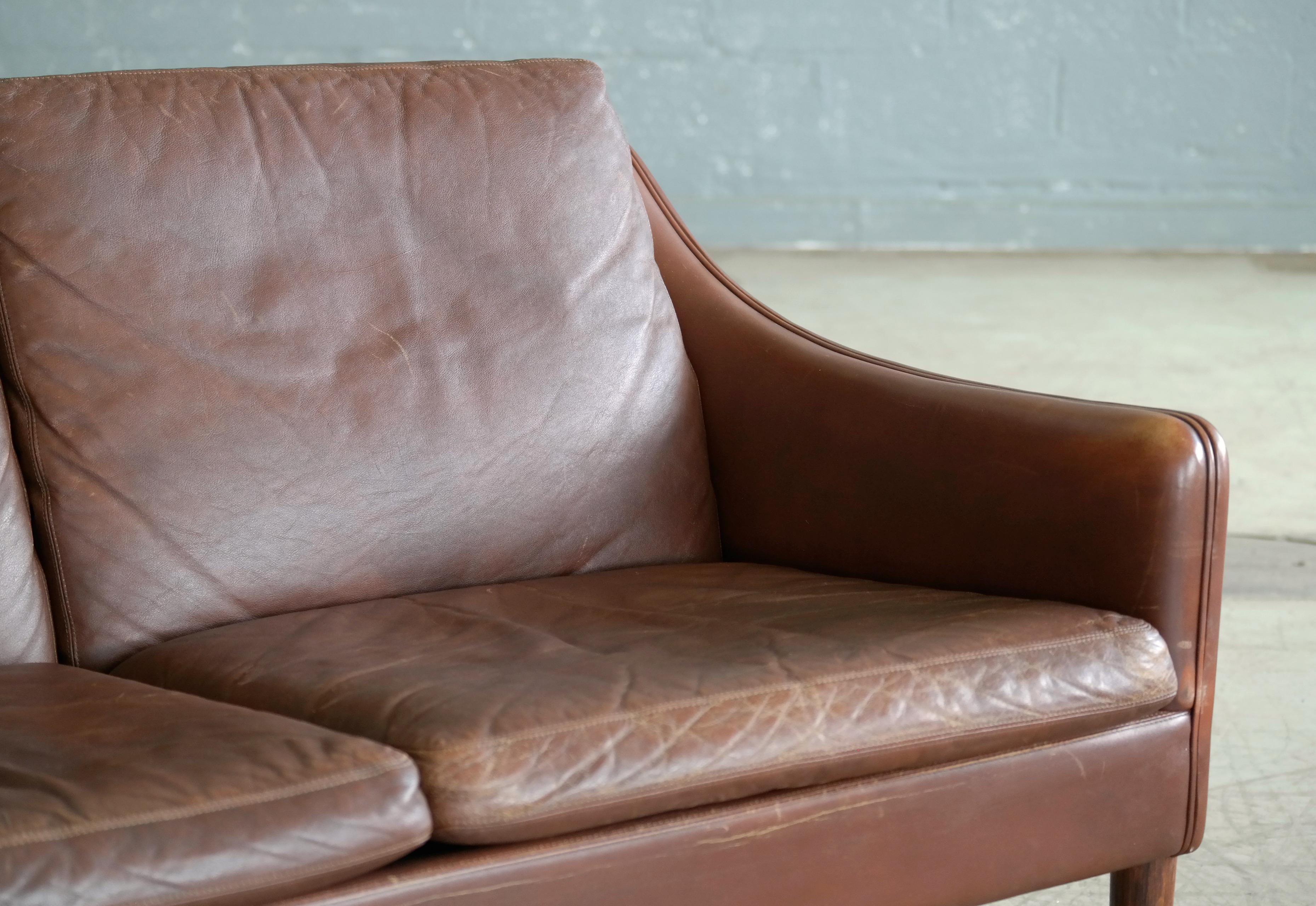 Mid-Century Modern Danish Hans Olsen Settee or Loveseat in Chocolate Brown Leather and Rosewood 