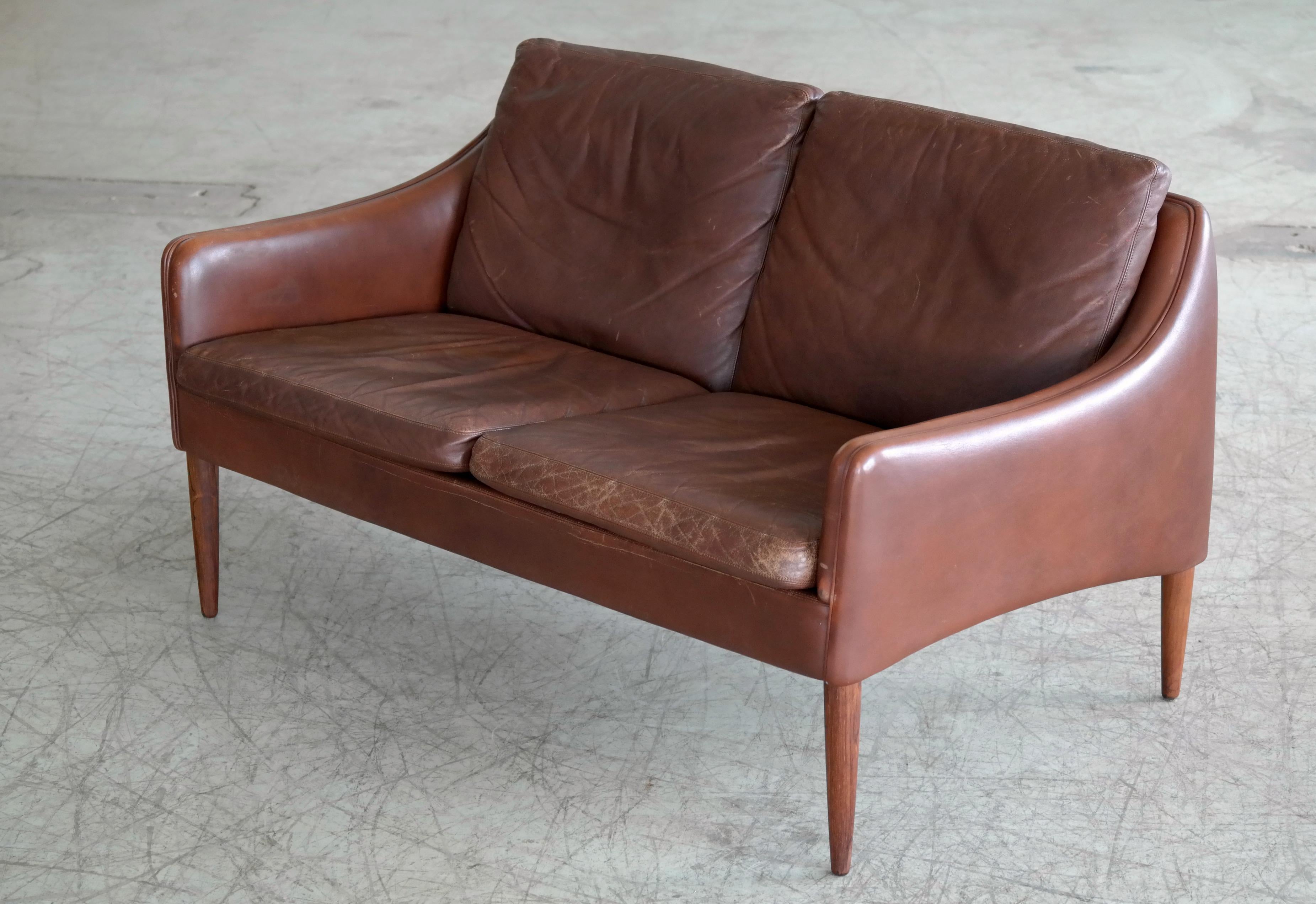 Mid-20th Century Danish Hans Olsen Settee or Loveseat in Chocolate Brown Leather and Rosewood 