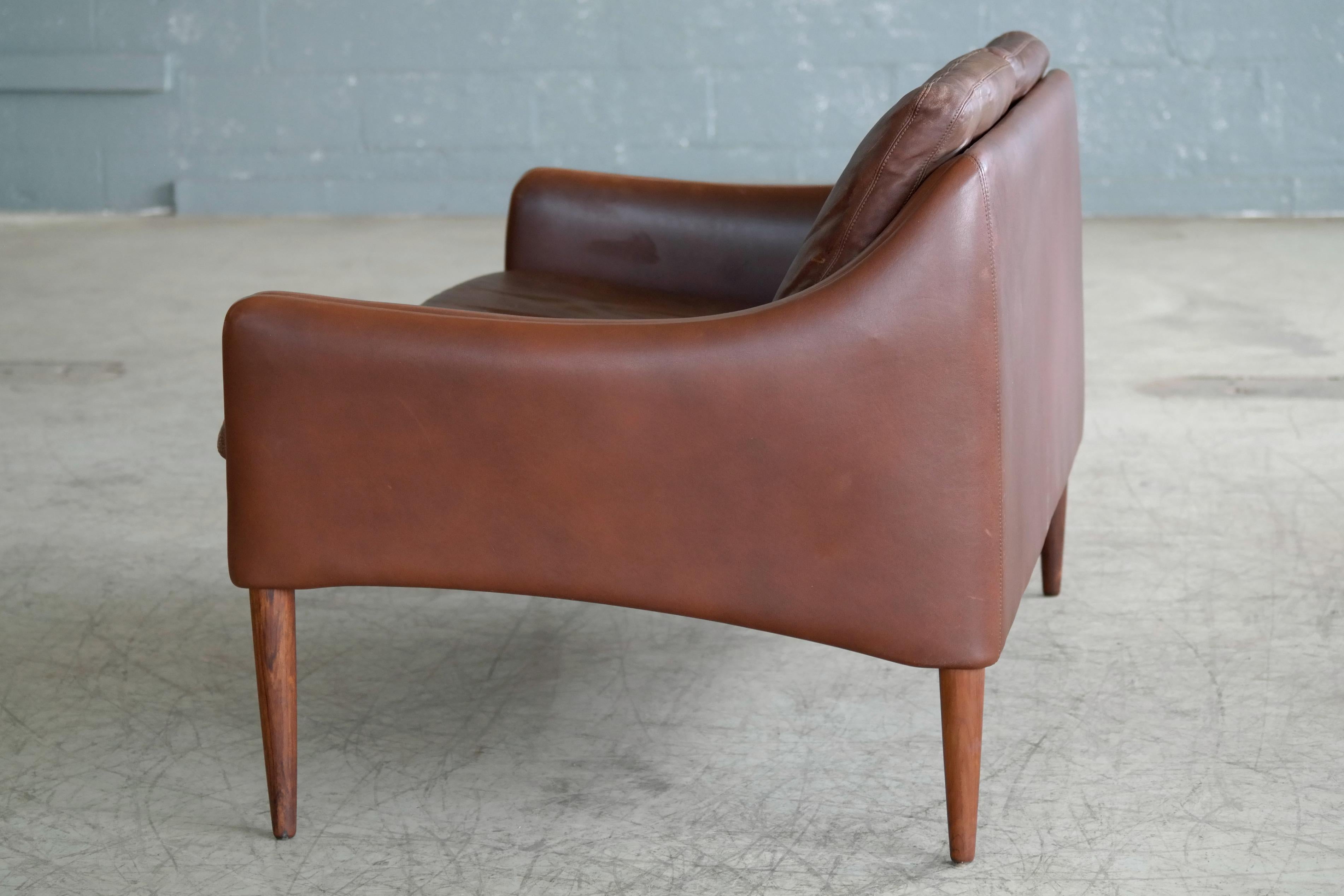 Danish Hans Olsen Settee or Loveseat in Chocolate Brown Leather and Rosewood  1