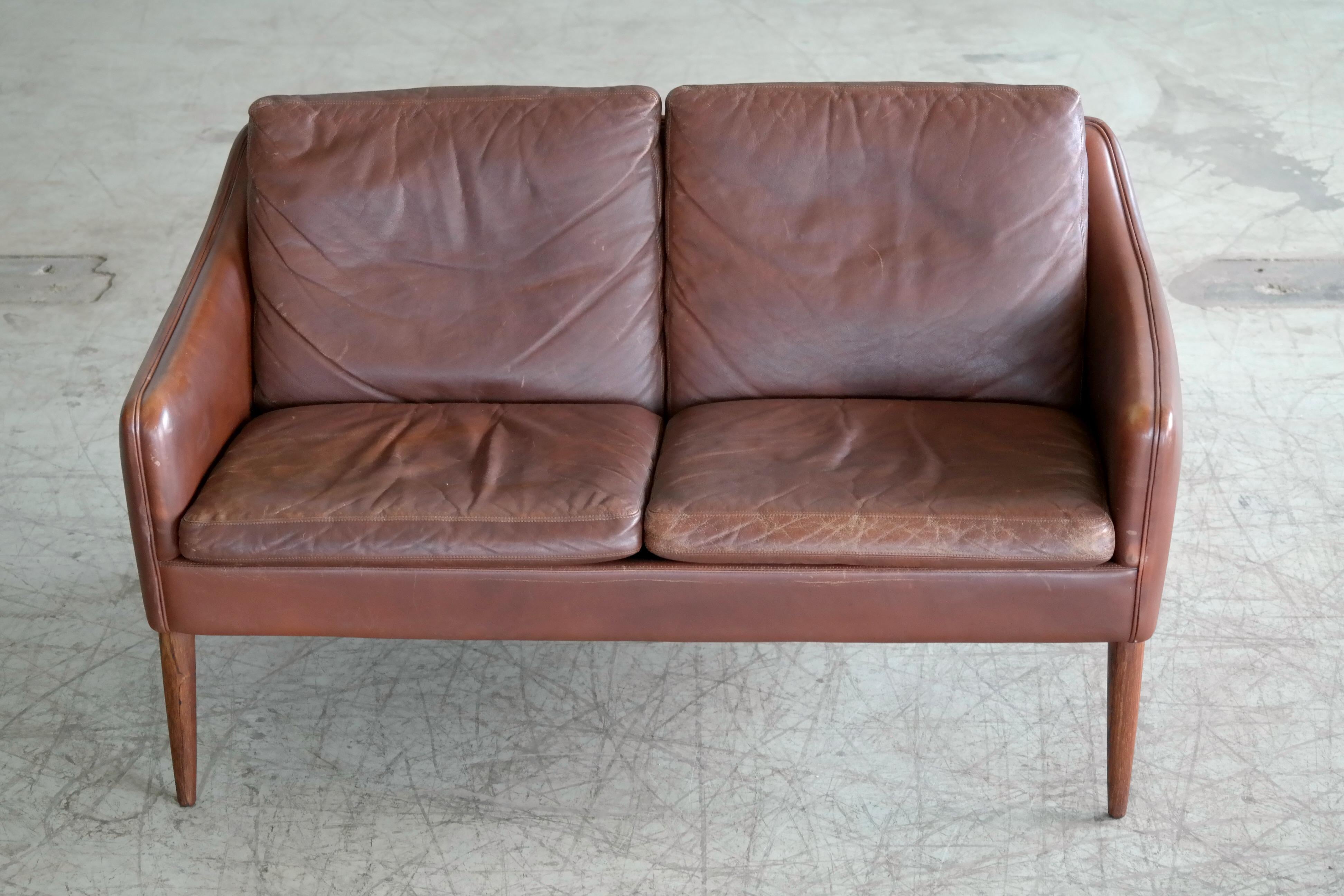 Danish Hans Olsen Settee or Loveseat in Chocolate Brown Leather and Rosewood  3