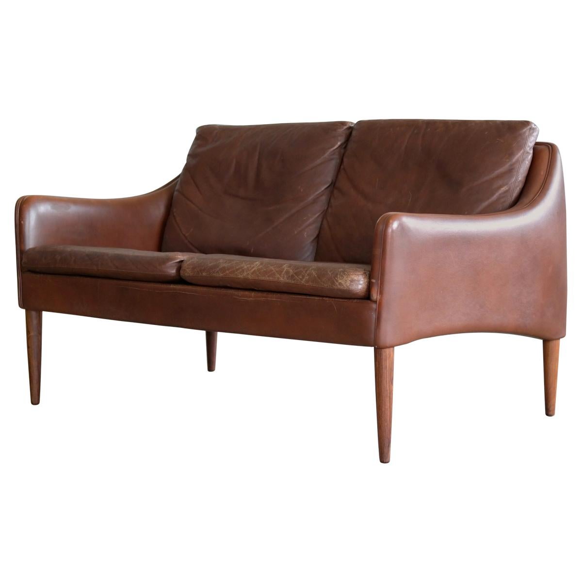 Danish Hans Olsen Settee or Loveseat in Chocolate Brown Leather and Rosewood 