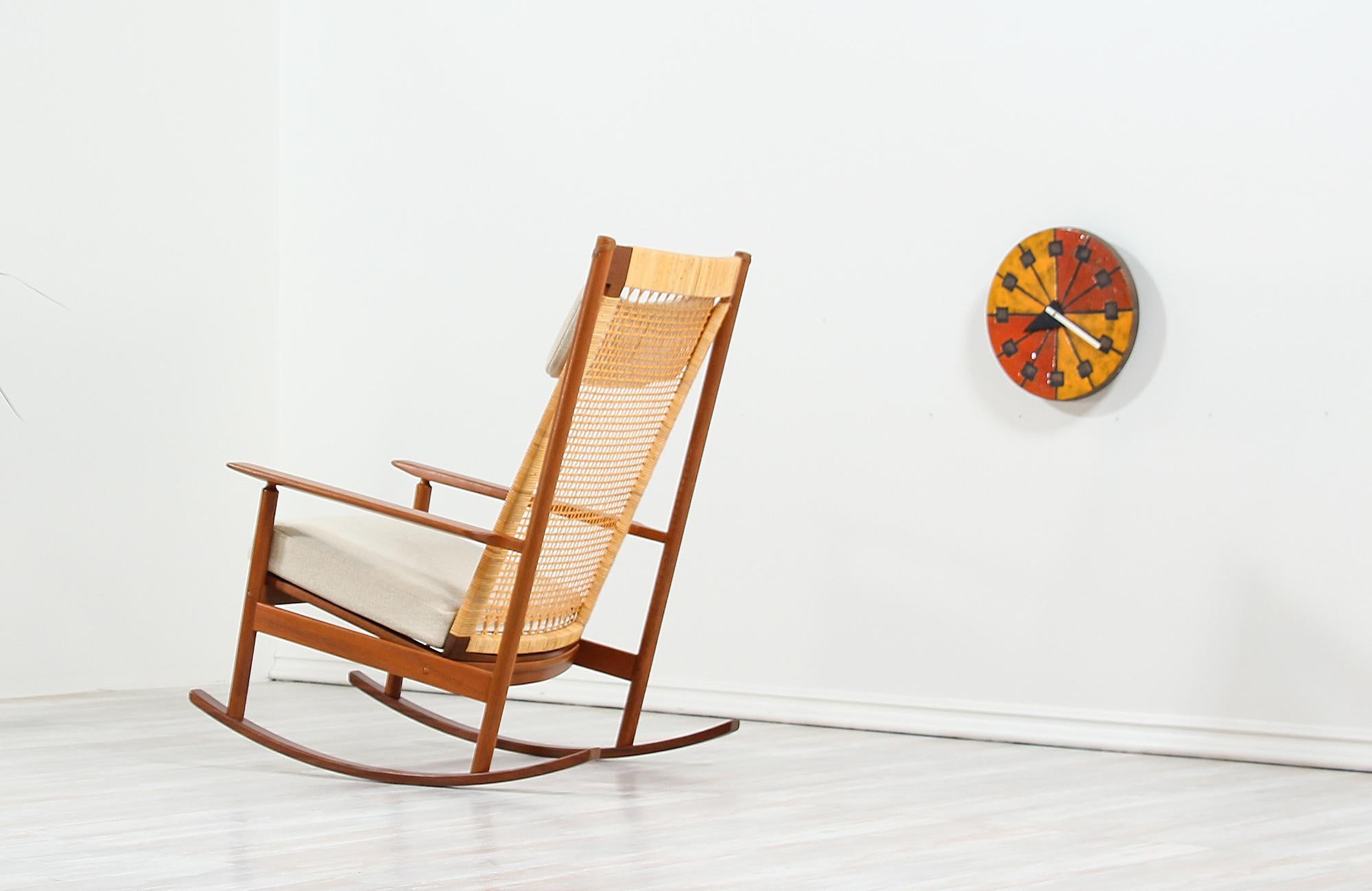 Hans Olsen Teak and Cane Rocking Chair for Juul Kristensen In Excellent Condition In Los Angeles, CA