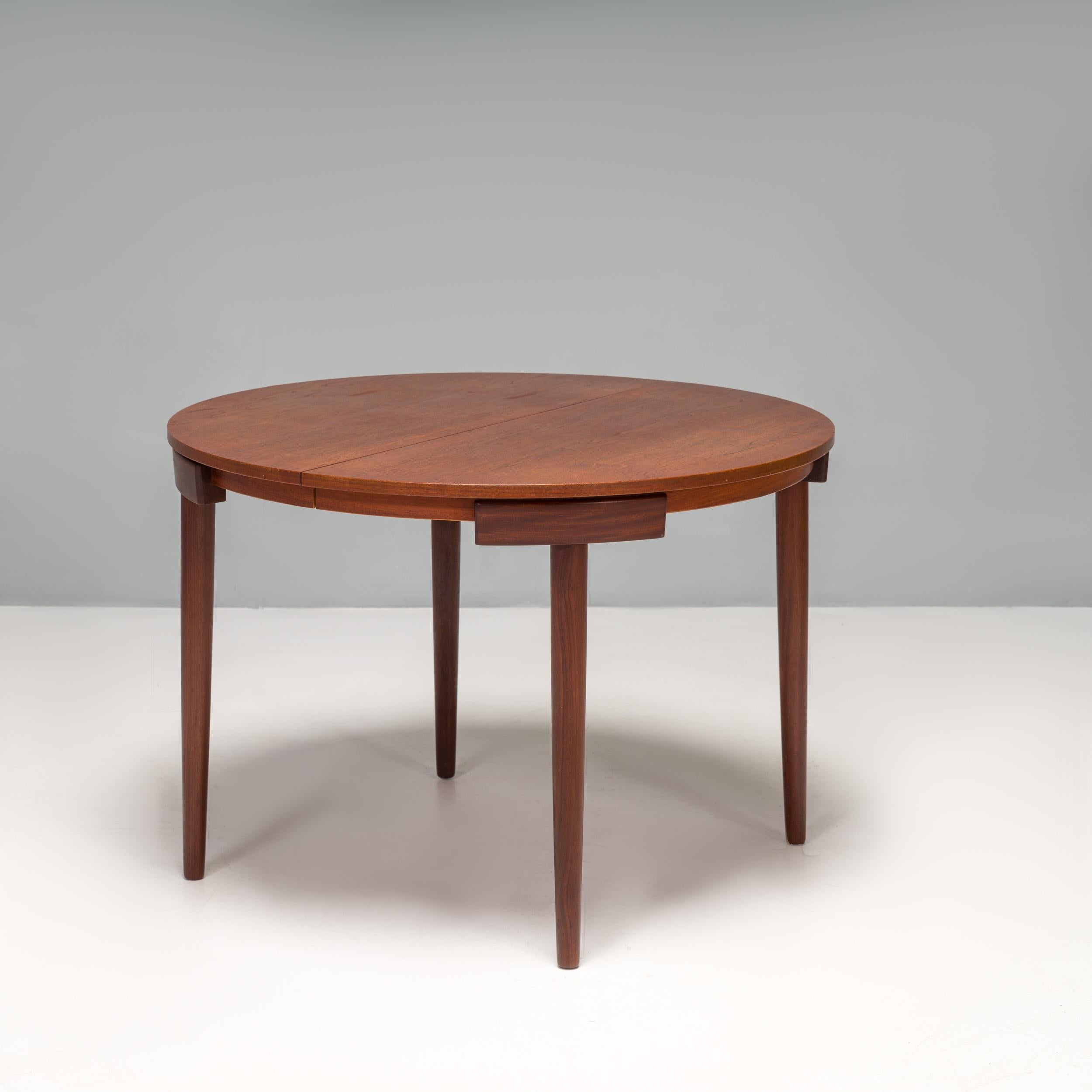 Scandinavian Modern Hans Olsen Teak Extending Dining Table & Tripod Leather Dining Chairs, 1960s