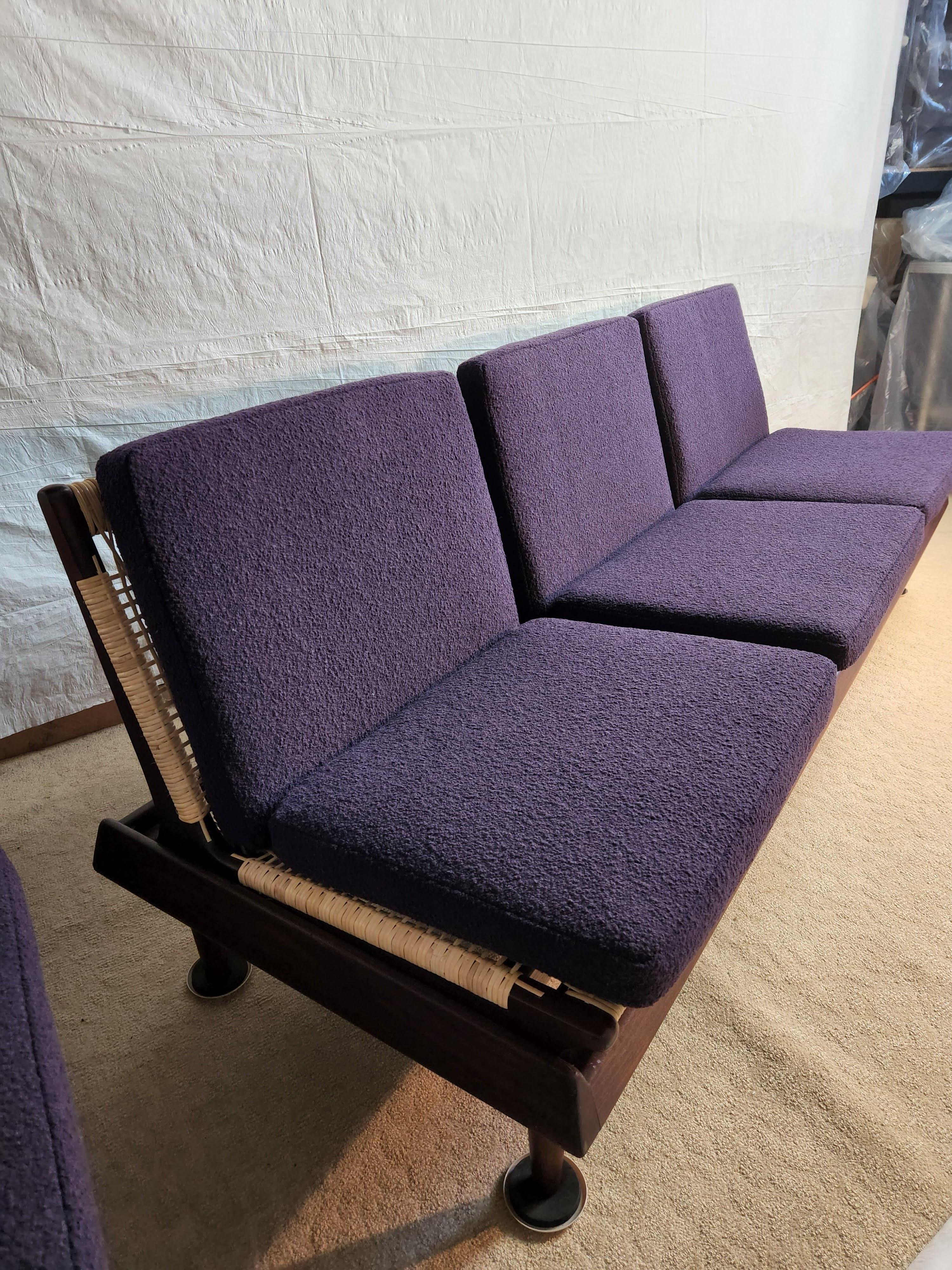 Hans Olsen modular seating in teak for Bramin of Denmark design date 1957 consisting of 2 benches with 4 caned seats and a low table which may be placed in a number of ways.
An example was used in Case Study House #20B in Altadena, California.
