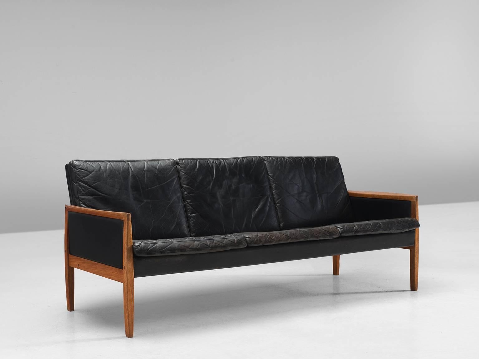 Mid-Century Modern Hans Olsen Three-Seat Sofa in Original Leather and Teak