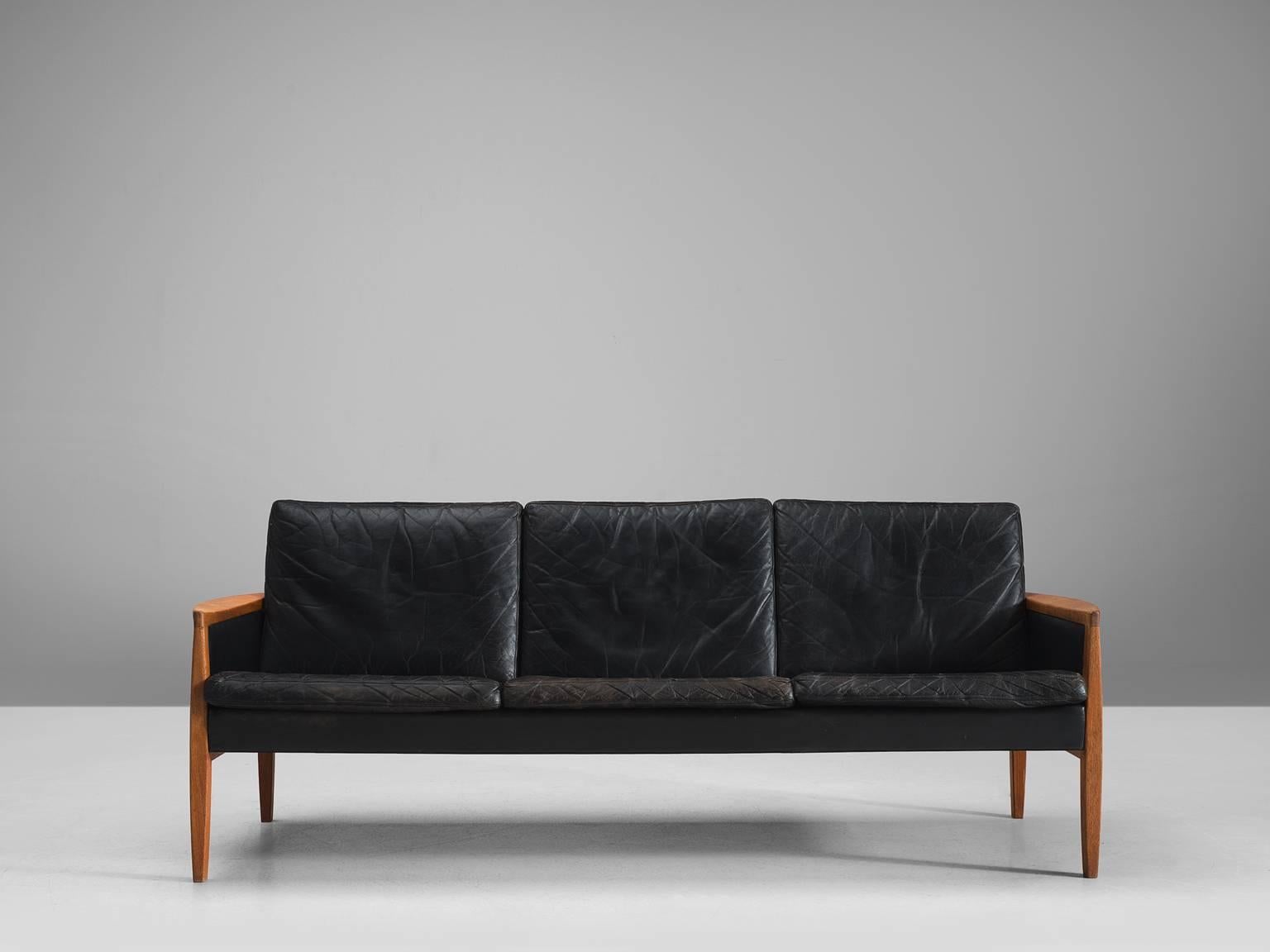 Danish Hans Olsen Three-Seat Sofa in Original Leather and Teak
