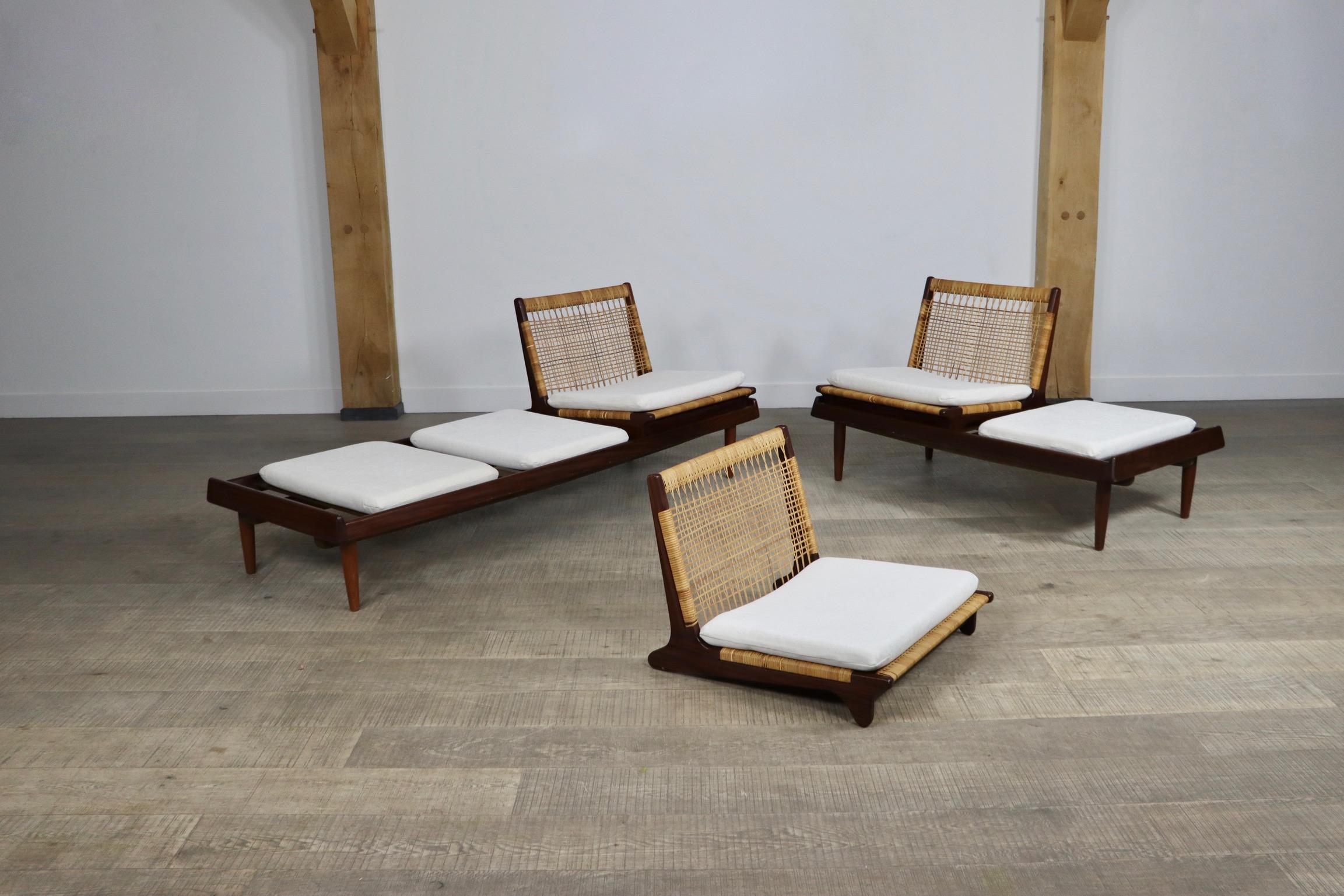 Beautiful seating group model TV161 designed by Hans Olsen, manufactured by Bramin, Denmark 1957. This set is made of solid teak, with very nice cane work and cream linen upholstered cushions. This modular set is multi functional, as it could be
